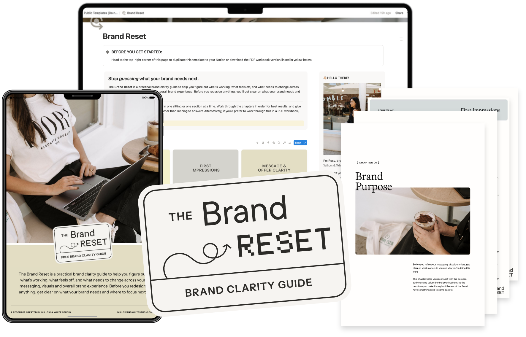 Collage of digital documents and images related to a brand reset guide, including a person using a laptop, a cover page titled 'The Brand Reset,' and pages discussing brand purpose, first impressions, and messaging visual layout.
