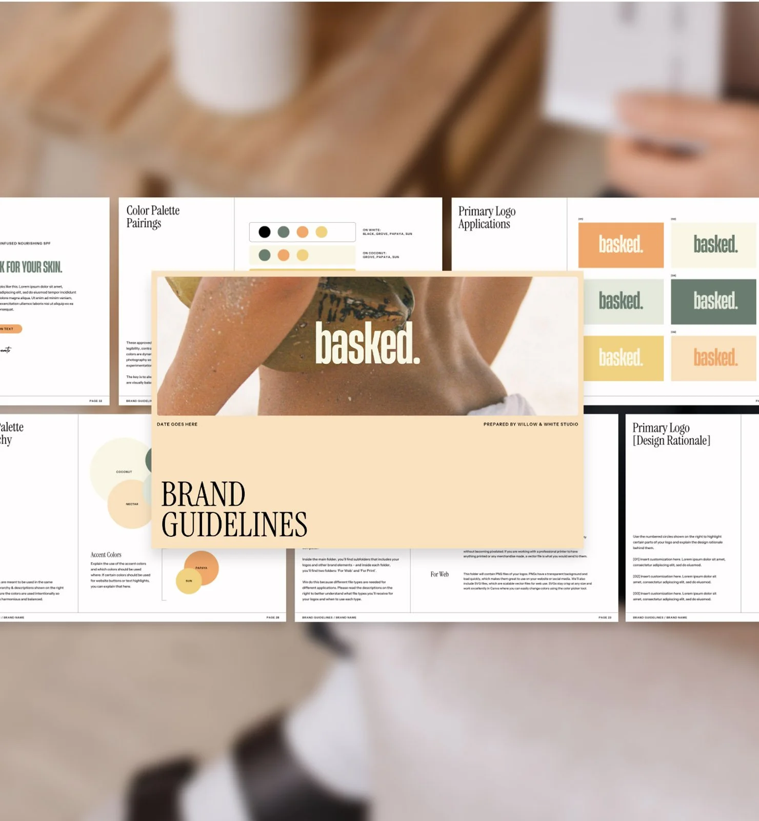 A collage of brand guidelines and logo application sheets for a brand called 'basked.' featuring neutral, earthy color palettes and a close-up image of a person with glitter on their skin.