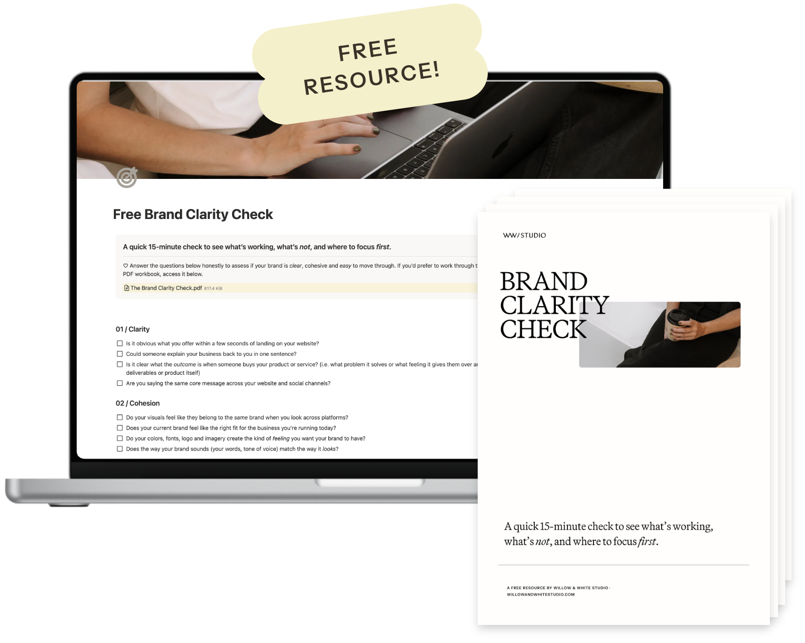A digital graphic showcasing a free brand clarity check resource, including a PDF download link and a checklist with questions related to clarity and cohesion in branding, accompanied by an image of a person using a laptop and holding a coffee cup.