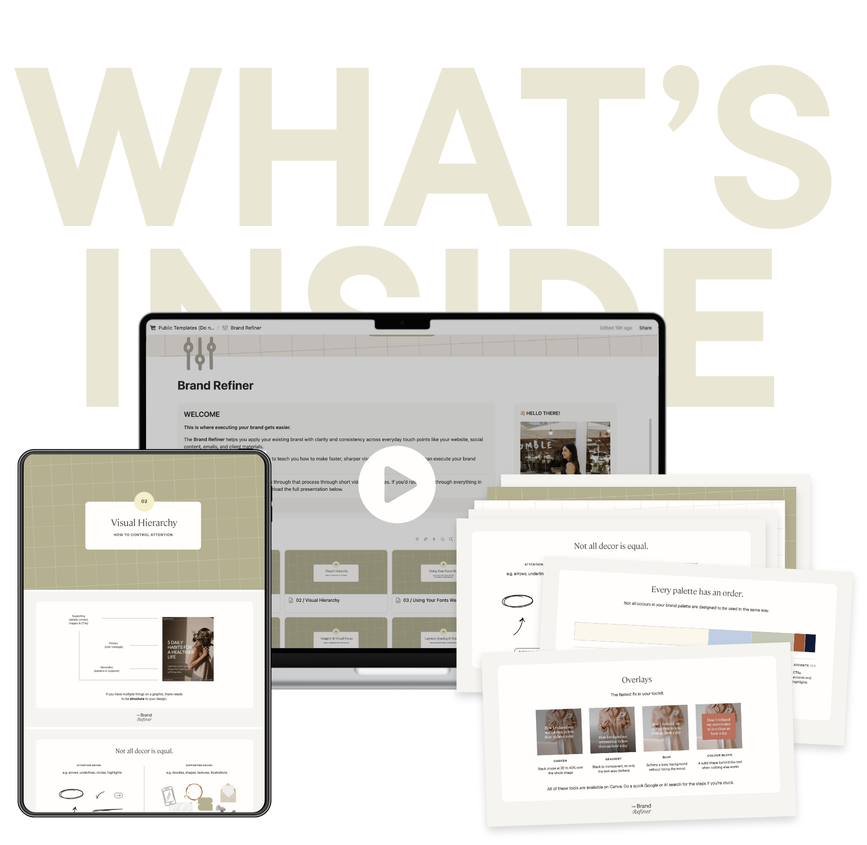 Multiple digital devices displaying templates and guides related to branding, visual hierarchy, color palettes, overlays, and design principles.
