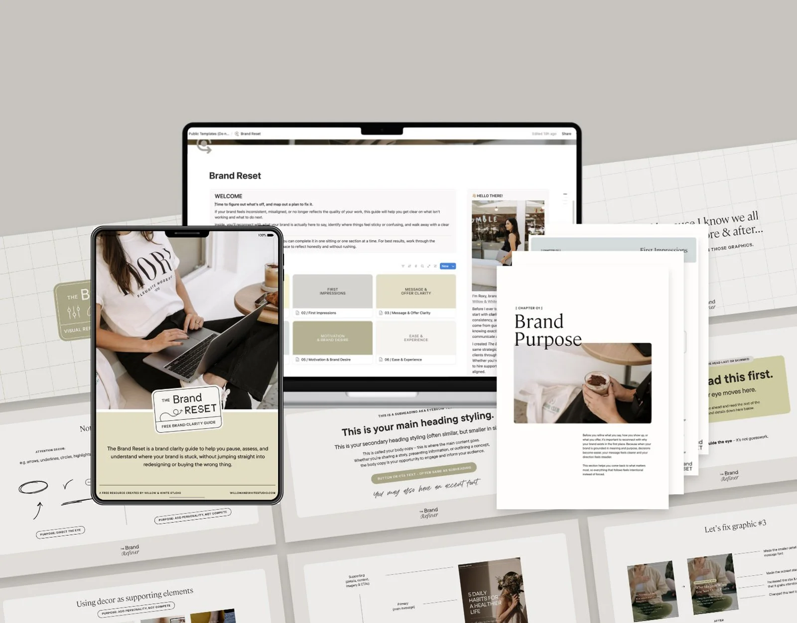 Multiple digital devices displaying branding and marketing materials, including a smartphone, laptop, and various printed documents and templates on a gray surface.