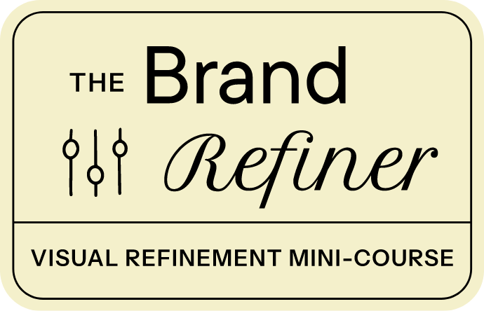 A beige rectangular card with rounded edges promoting 'The Brand Refiner,' a visual refinement mini-course, featuring stylized icons of three paintbrushes or markers.