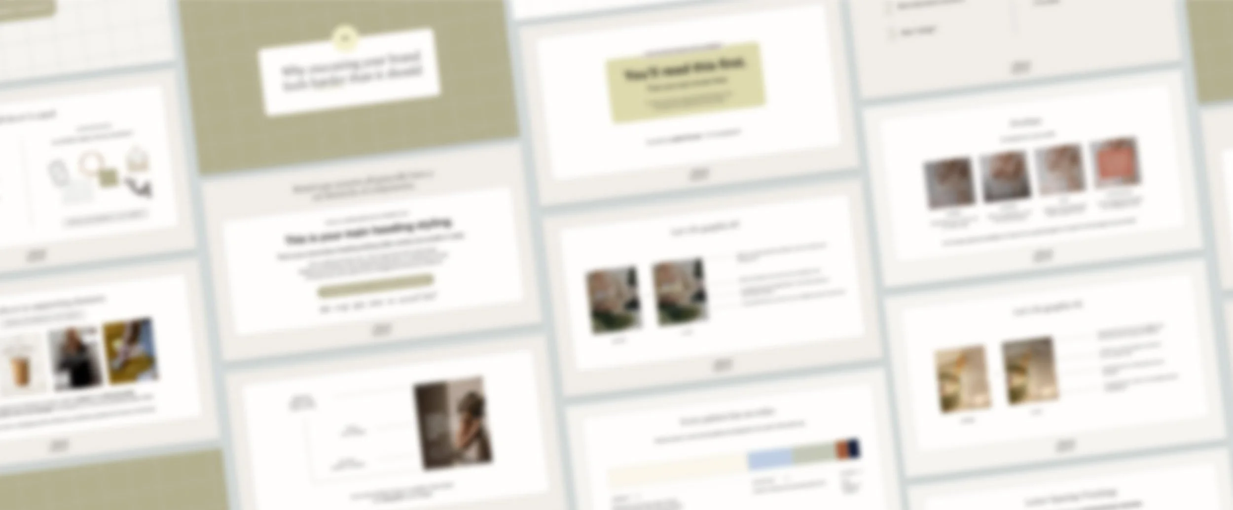 Blurred images of presentation slides or documents on a wall, with text and images, some featuring charts and photos.