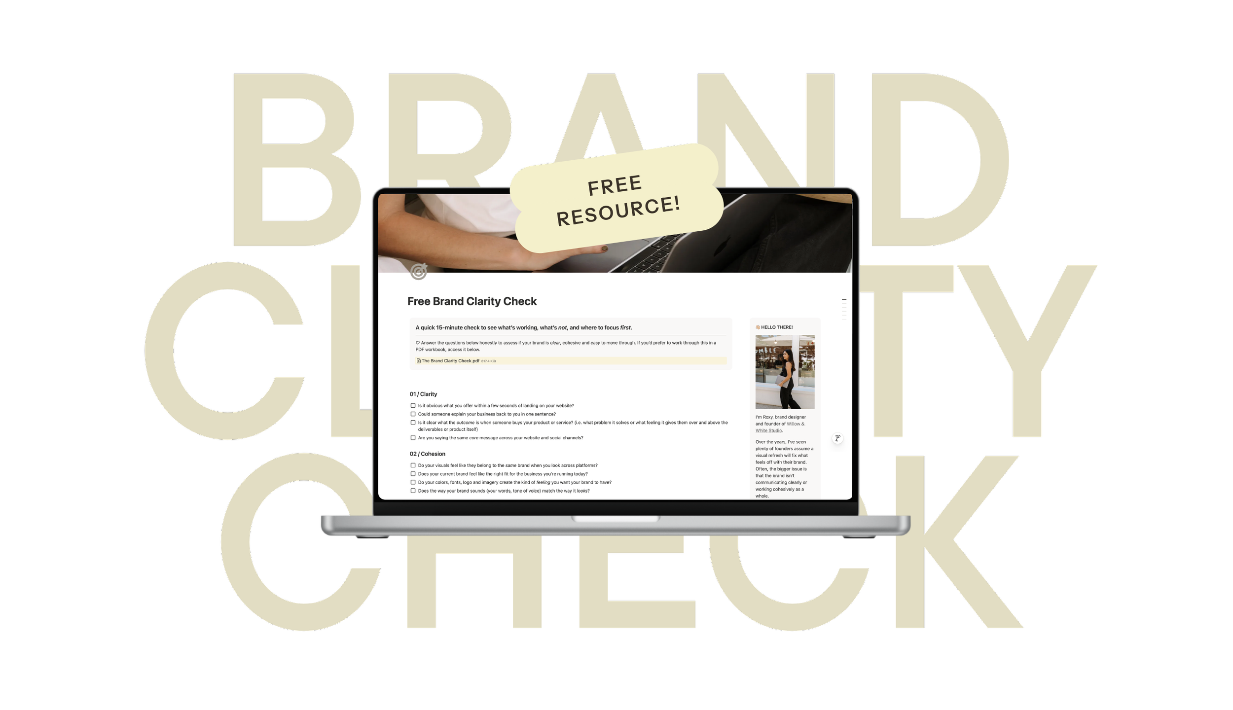 Laptop screen displaying a free brand clarity check webpage with a woman pointing at the screen, surrounded by large beige text reading 'BRAND CHECK' on a black background.