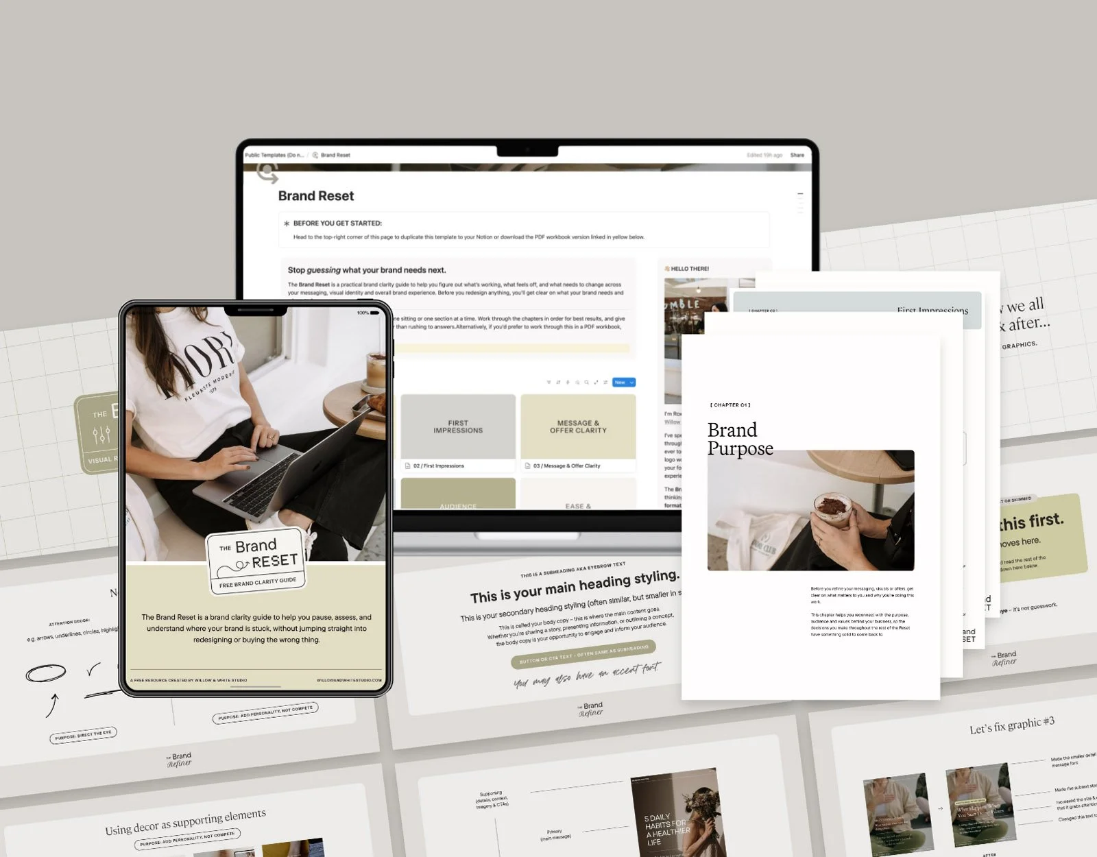 Multiple digital screens displaying a brand reset presentation, including a smartphone showing a hand holding a laptop, and a desktop monitor with slides on brand purpose, first impressions, message clarity, and other branding elements.
