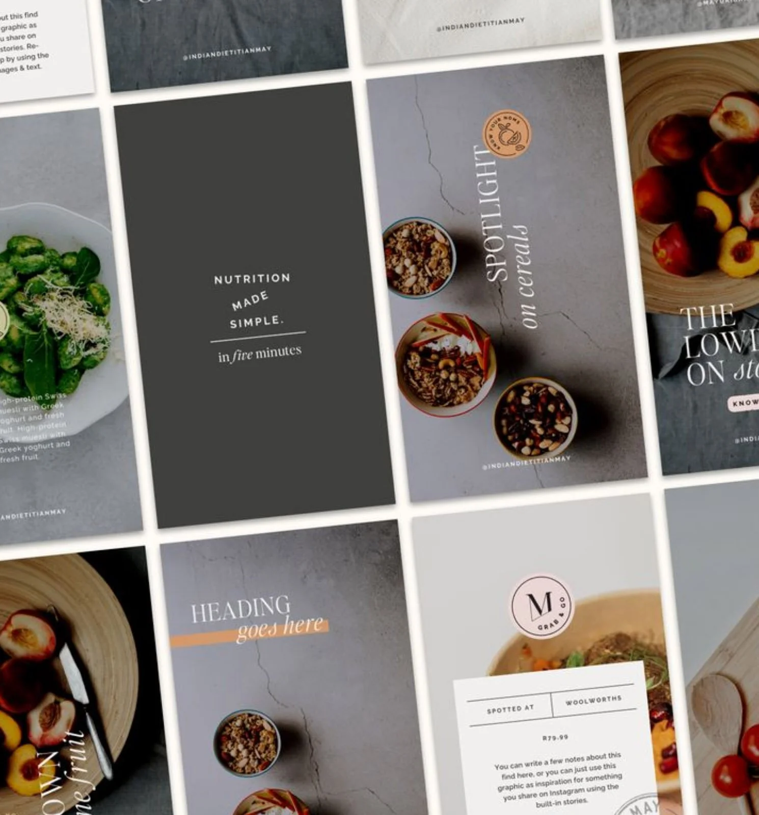 Collection of social media post templates with images of salads, bowls of granola, and text headings such as 'Nutrition Made Simple' and 'Spoted at Woolworths,' with some templates including placeholder text.