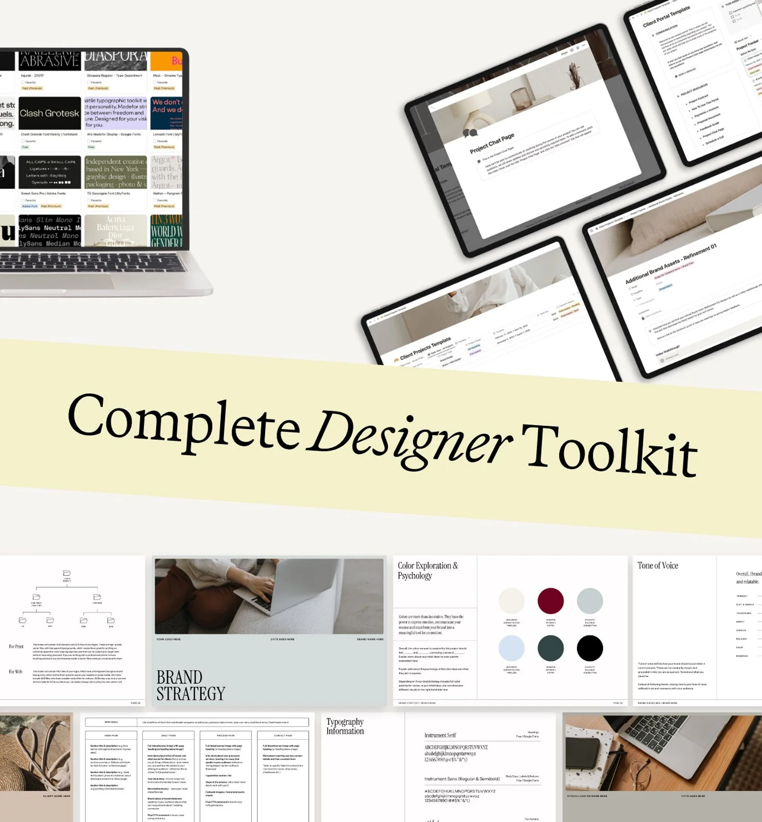 A collection of digital devices displaying design templates and documents, overlaid with the text 'Complete Designer Toolkit'.