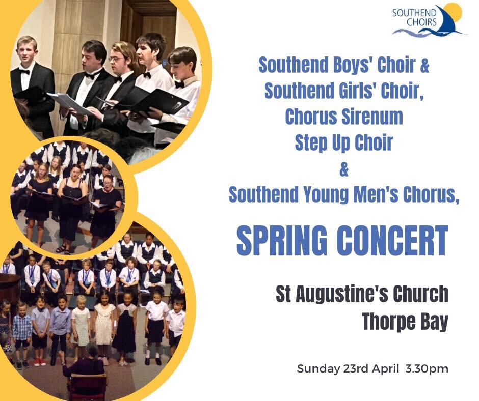 Join us tomorrow for our Spring Concert featuring the Boys Choir, the Girls Choir, the Young Men&rsquo;s Chorus, Chorus Sirenum and the Step Up Choir. 3.30pm, Sunday 23rd May at St Augustine Church, Thorpe Bay.