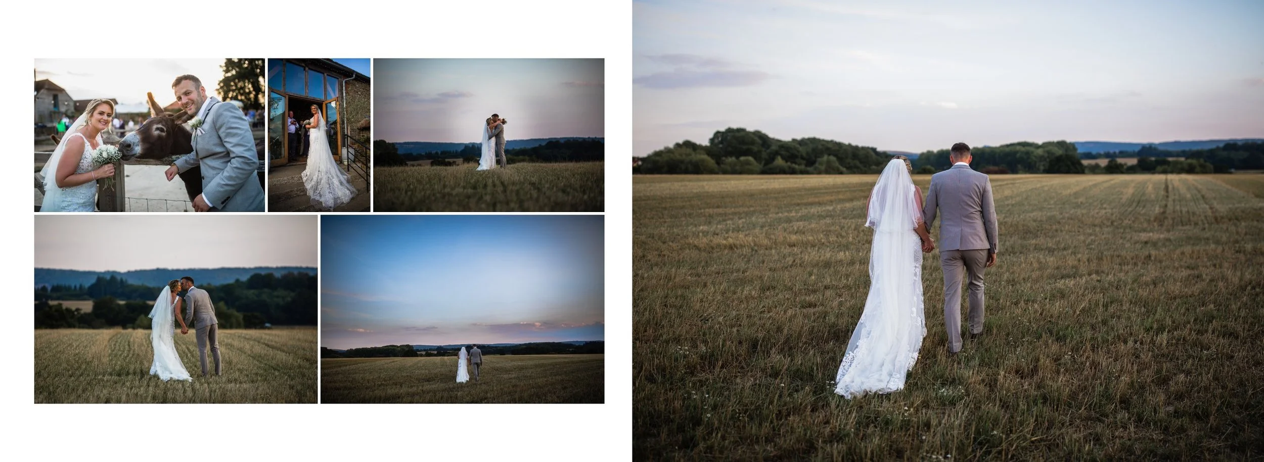 A collage of wedding photos showing a bride and groom at various outdoor and indoor locations, including a field at sunset, The sunset over Grittenham