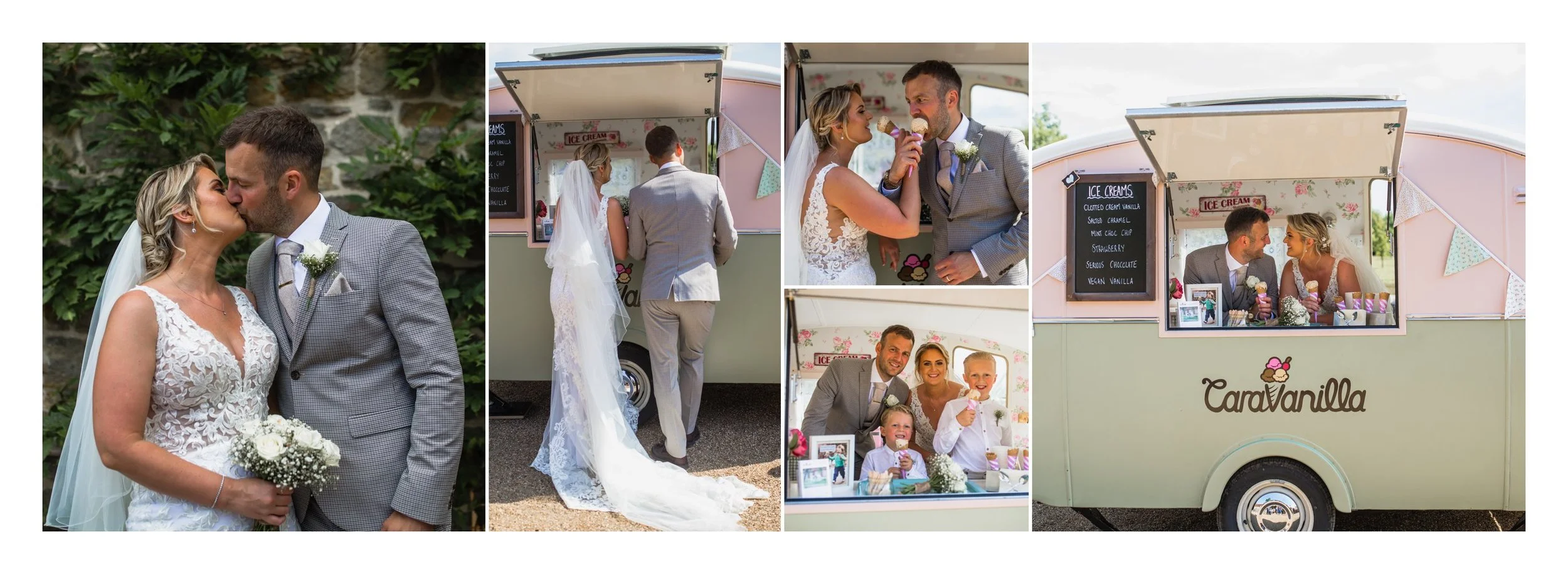 Series of photos from a wedding day showing a bride and groom, children, and an ice cream truck named Caravanilla with a blackboard menu. Ice cream vendors at Grittenham