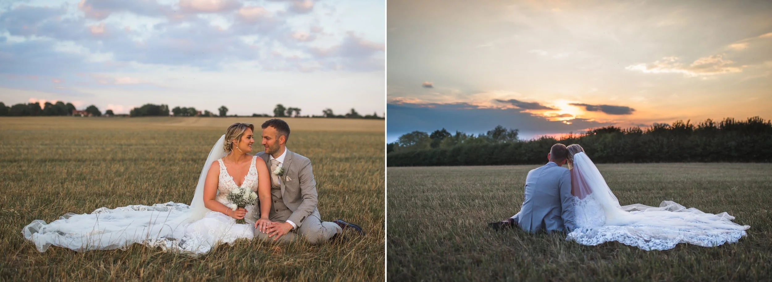 Two wedding photos of a bride and groom sitting on a grassy field at sunset. In the left photo, they face each other smiling, the bride in a white lace wedding dress holding a bouquet, and the groom in a gray suit. the bride in a veil, the sunset beh