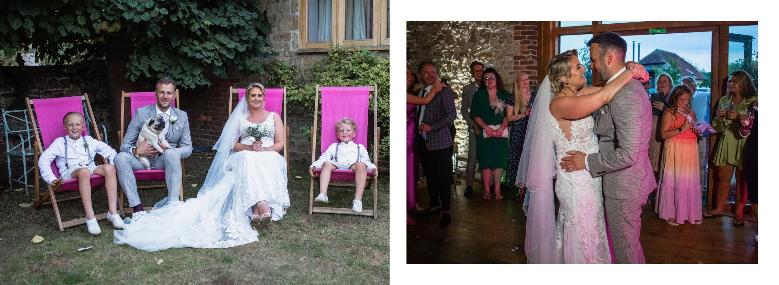 Wedding photos: On the left, the bride and groom with two children and a pug dog seated outdoors against a brick wall and greenery. On the right, the couple dancing at their wedding reception indoors with guests watching and taking photos.