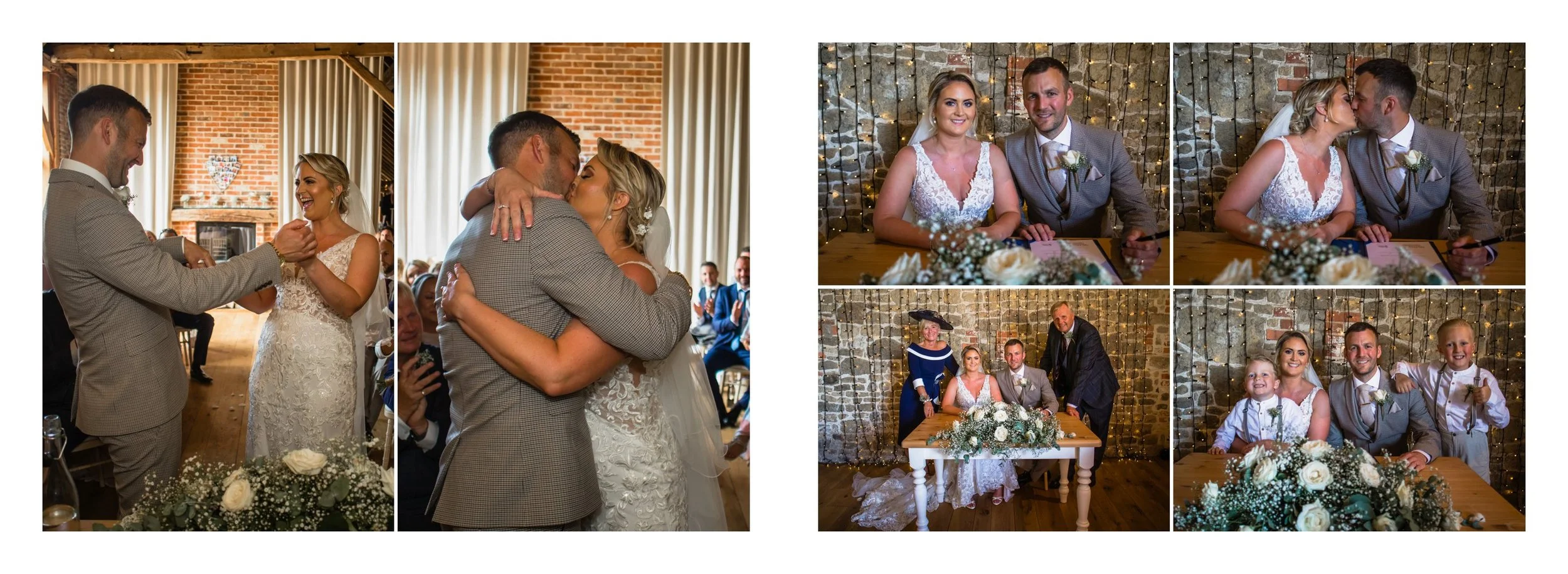 A bride and groom exchanging vows at Grittenham Barn, kissing, and sitting at a table with family members, with a rustic brick wall and fairy lights in the background.