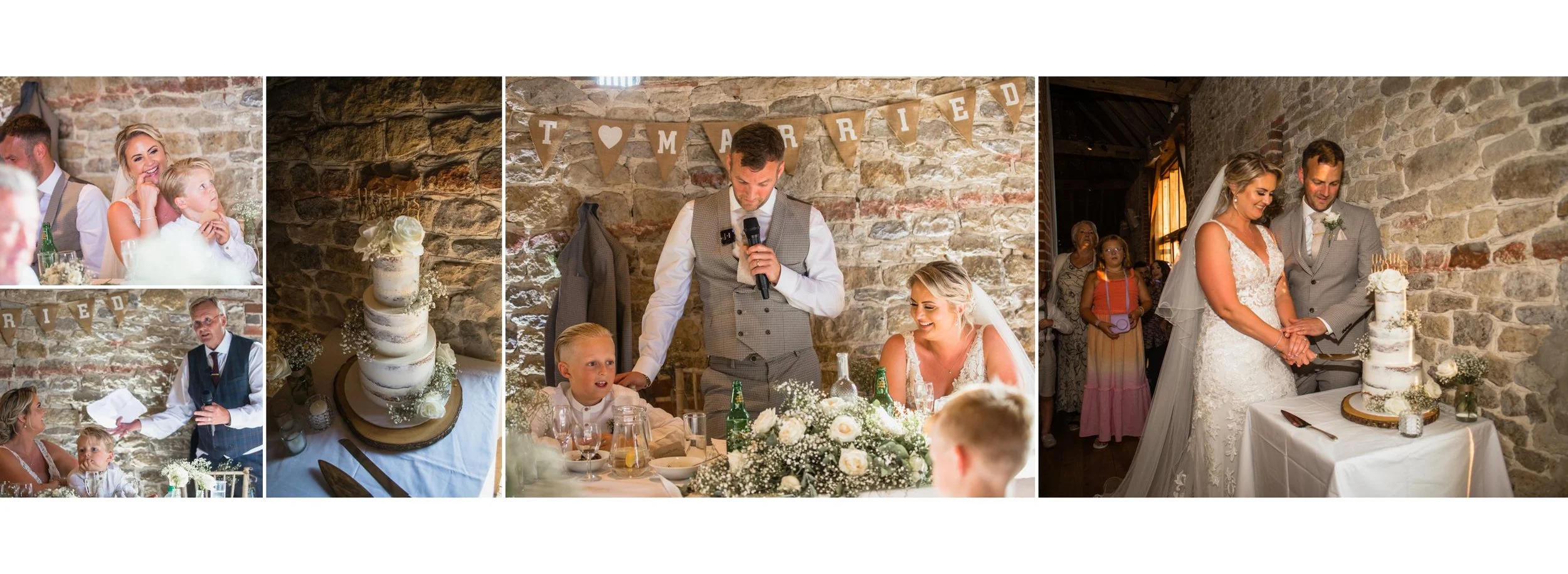 A collage of four wedding photos featuring the bride and groom, a young boy, a wedding cake, and their wedding ceremony in a rustic stone venue.
