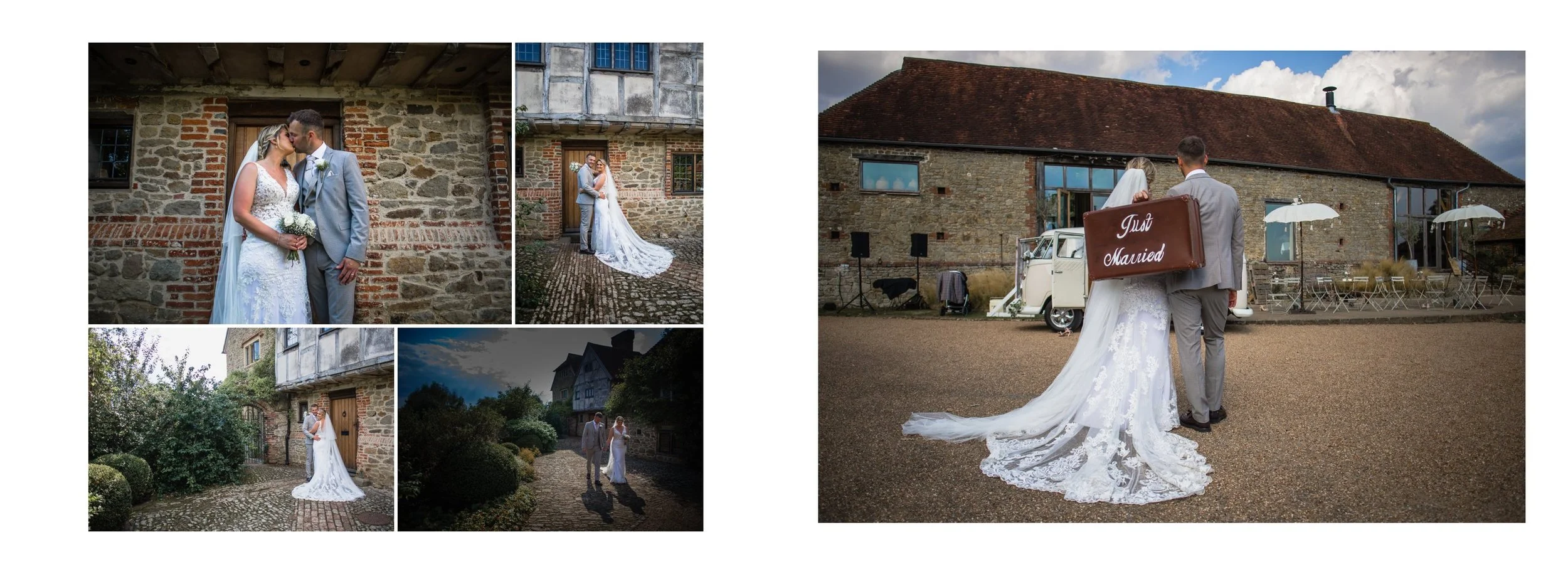 Collage of wedding photos with a bride and groom in a rustic outdoor setting. Photos include them sharing a kiss, walking hand-in-hand, and standing together with a sign reading 'Just Married.' Background features Grittenham Barn in West Sussex