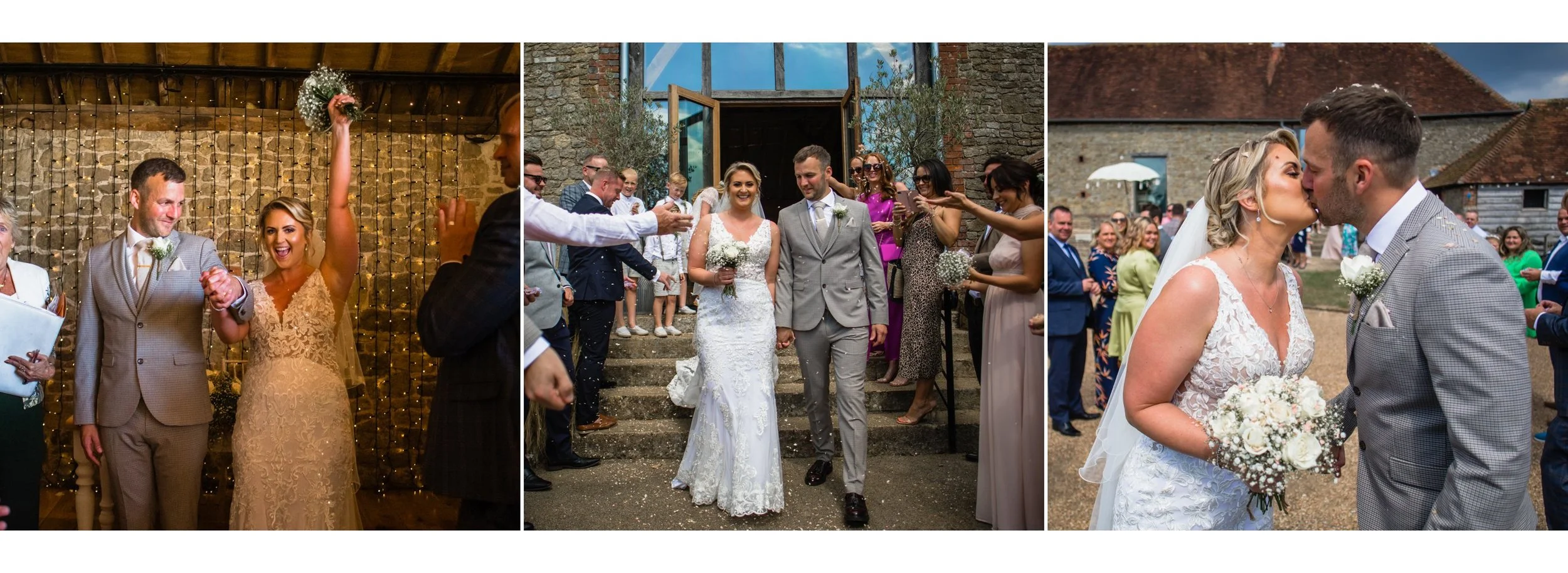 a bride and groom exiting aGrittenham Barn with guests throwing confetti outside; third, a bride and groom sharing a kiss outdoors with guests in the background. Eat the Street