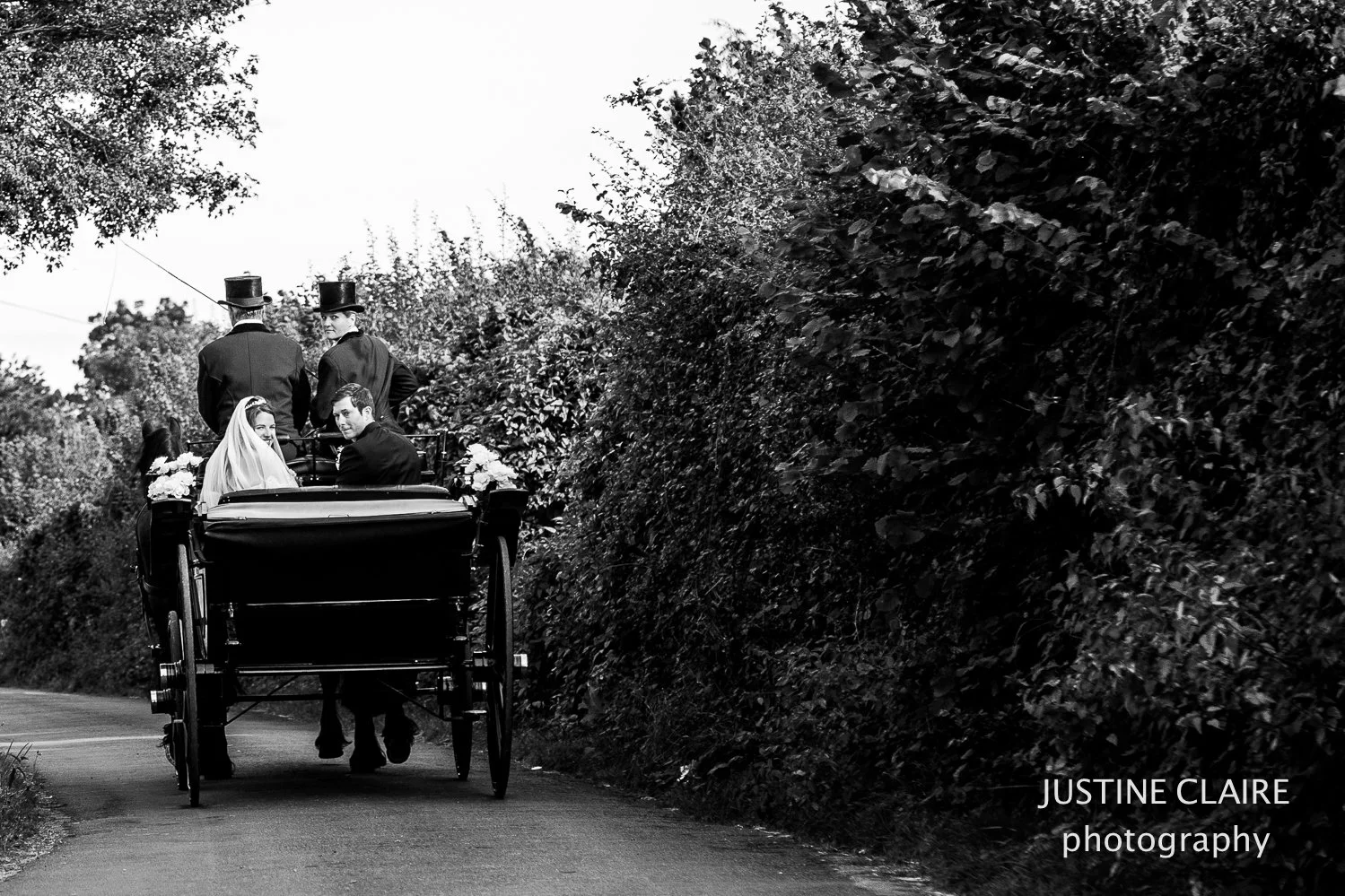 Horse and cart going down a lane in west sussex with a bride on top