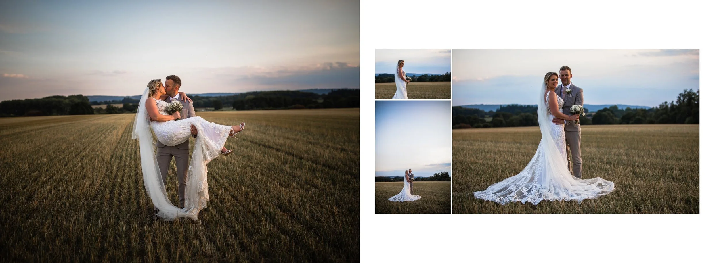 A bride in a white wedding gown and veil being carried by a groom in a light gray suit, standing in an open field during sunset, sharing a kiss at Grittenham Barn