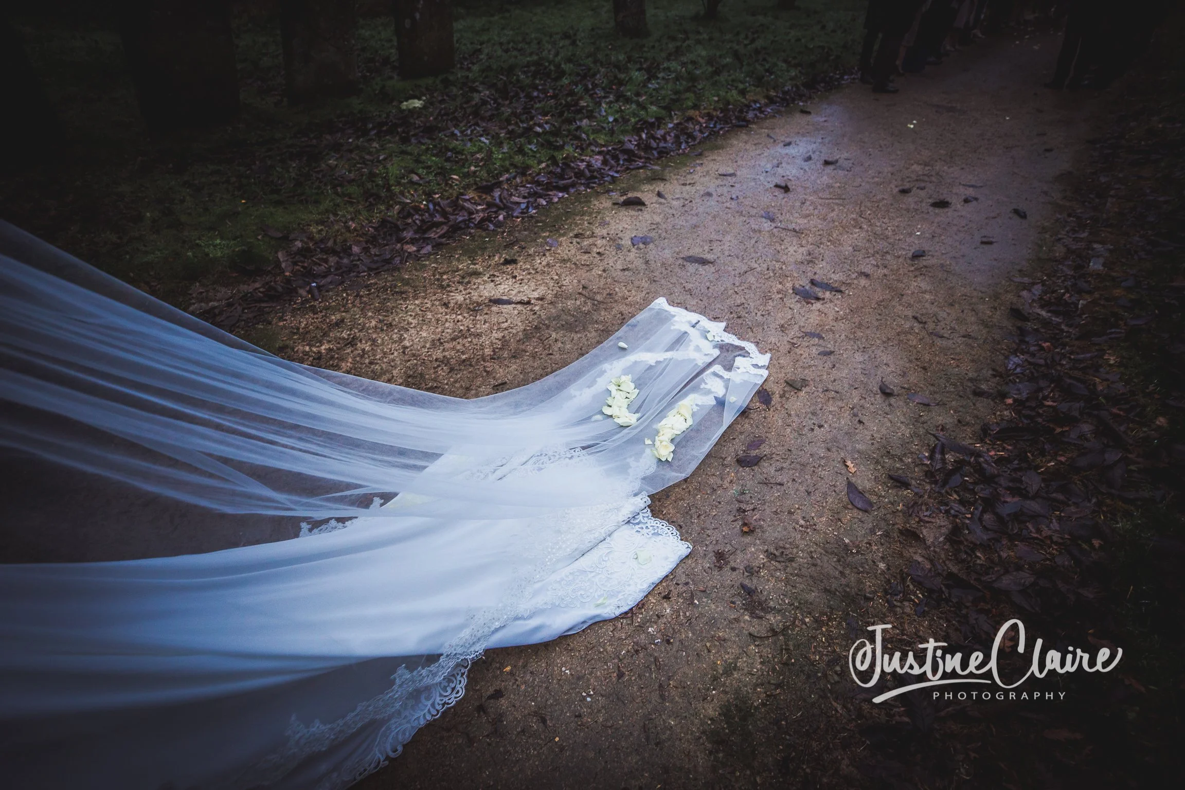 A wedding veil with lace and floral details lying on a dirt path in a wooded area, with a line of people standing in the background.