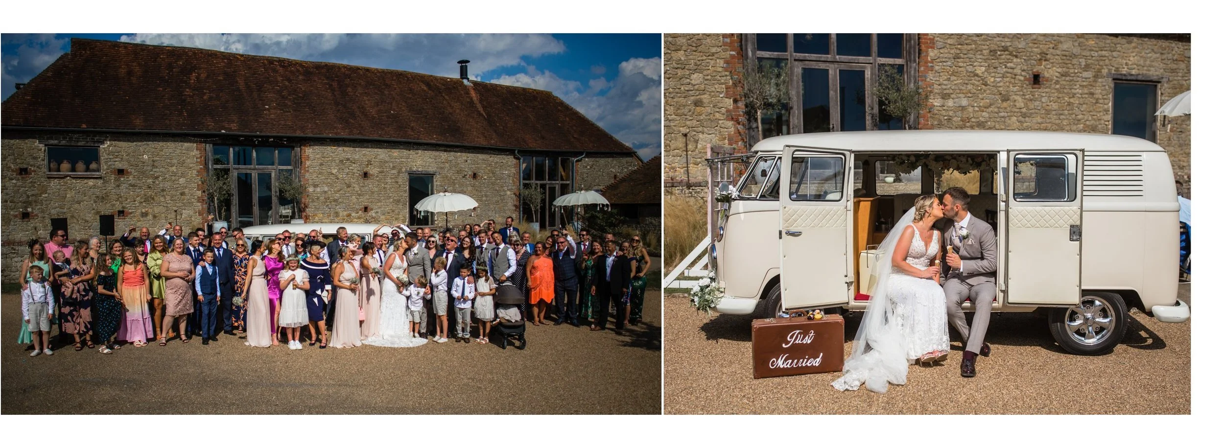 Wedding celebration at a barn in Sussex with a large group of people outside a rustic stone building, and a bride and groom kissing next to a vintage white camper with a "Just Married" sign.