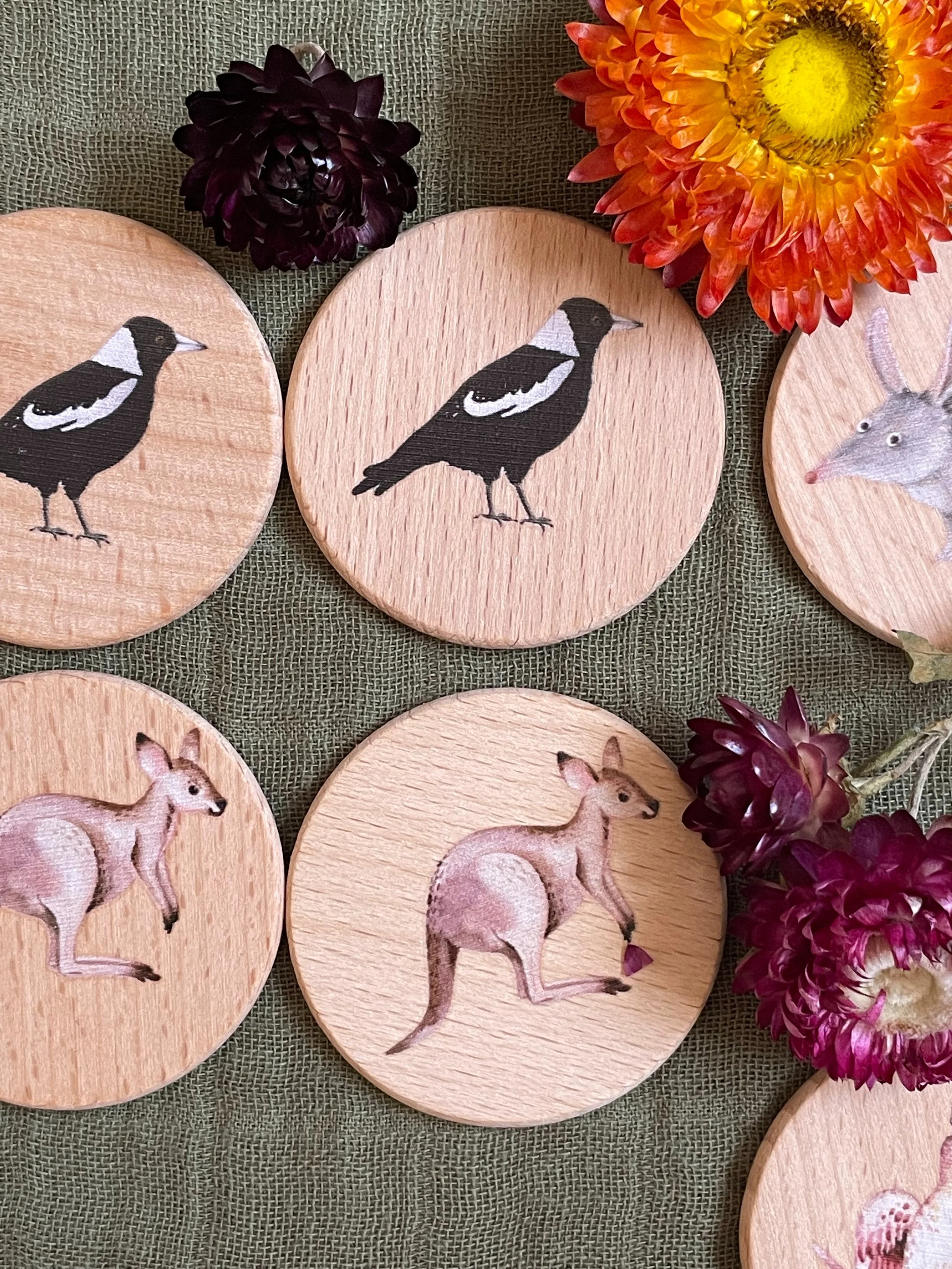 Australian animals wooden discs matching game toy for children, open