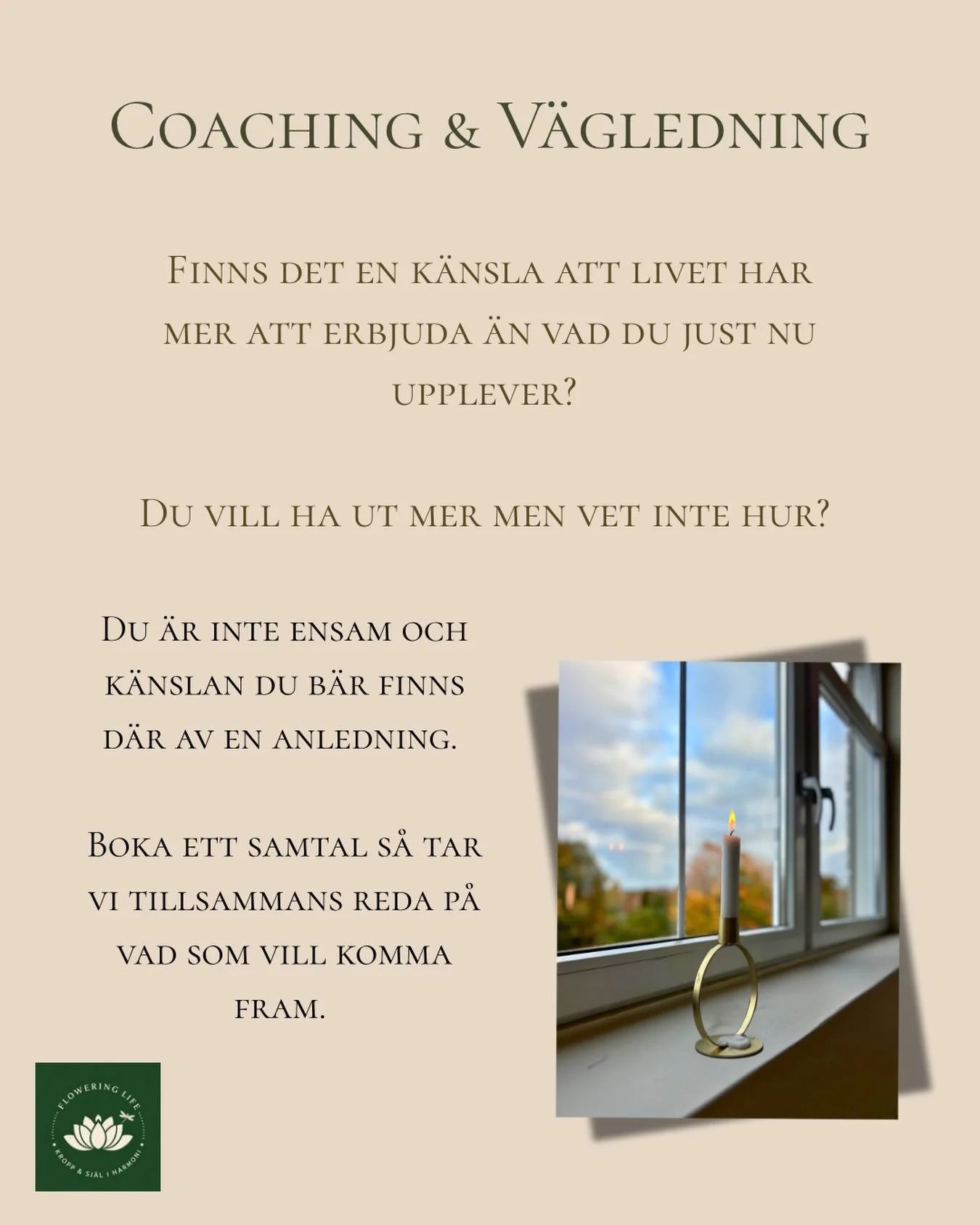 Tr&auml;ffa mig p&aring; plats i Ekeby Bruk i Uppsala eller online via zoom🧡 Tider finns nu p&aring; Bokadirekt, l&auml;nk i profil. 

Mer information p&aring; min hemsida www.floweringlife.se

#coaching #v&auml;gledning #coachinguppsala #uppsala