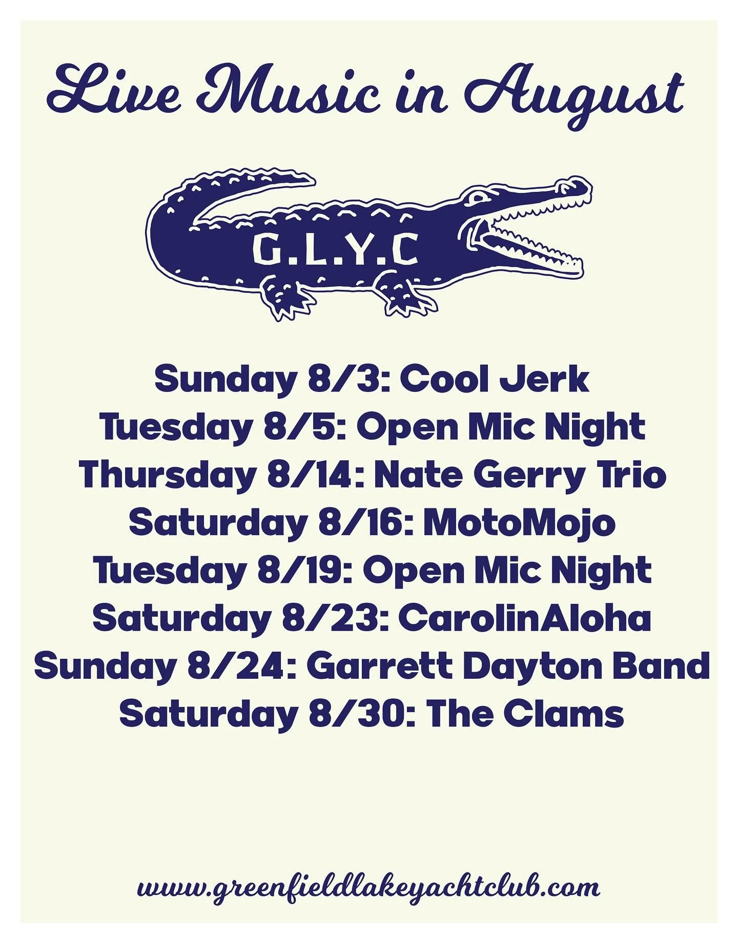 🌻 AUGUST SHOWS 🌻

Sun 8/3: Cool Jerk
Tue 8/5: Open Mic Night
Thur 8/14: @nategerrymusic 
Sat 8/16: @motomojoband 
Tue 8/19: Open Mic Night
Sat 8/23: CarolinAloha
Sun 8/24: @heyitsgtd 
Sat 8/30: @the_clams_wilm 

🐊🛶🐊
