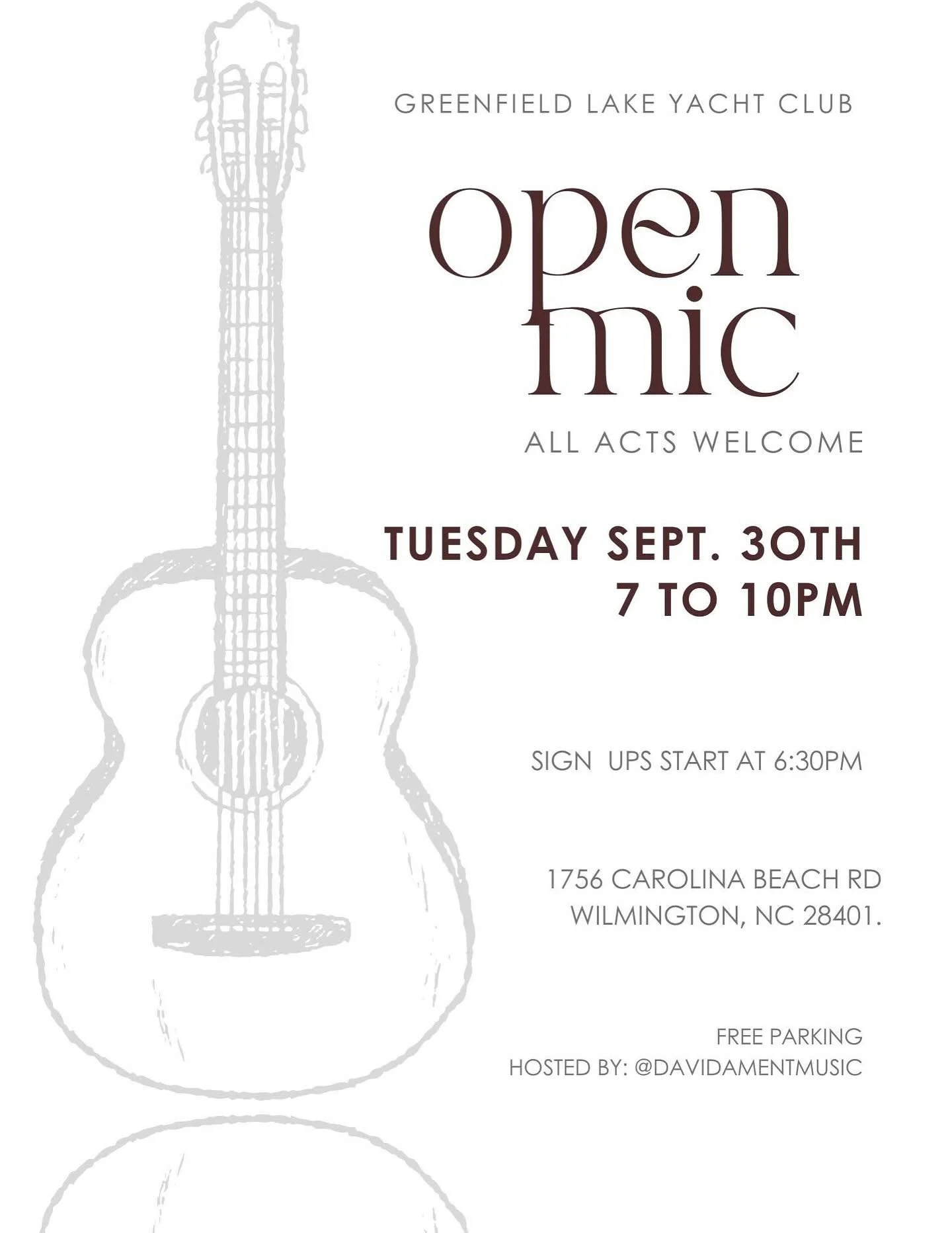 TONIGHT

Open Mic Night w/ @davidamentmusic 

📝 6:30pm
🎙️ 7pm-10pm

All musical acts welcome!