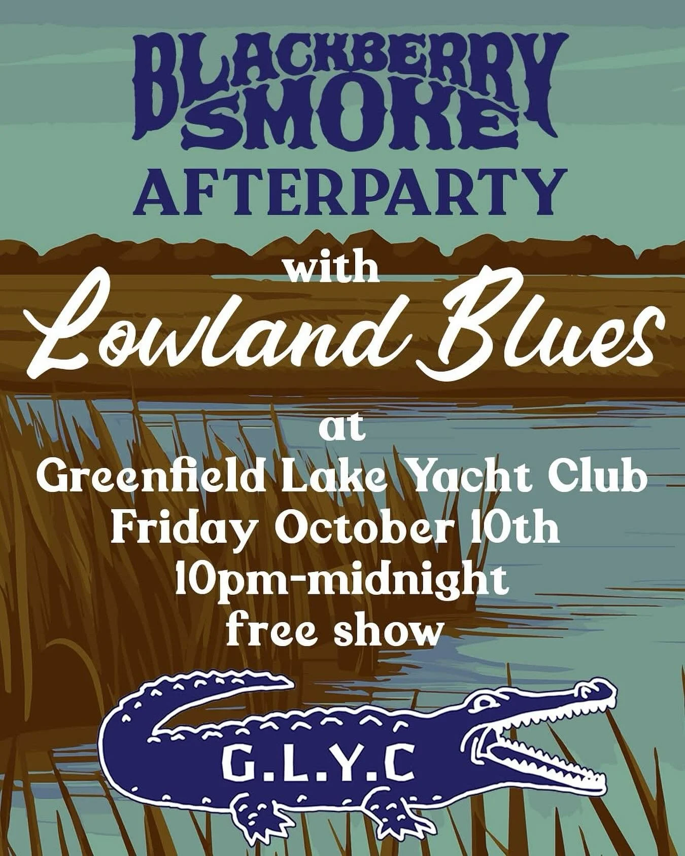 TONIGHT

Join us after the @blackberrysmoke show @greenfieldlakeamp for an afterparty w/ @lowlandblues from 10pm-12am.

We will be closed to the public tonight for a private party from 5-9pm, so join us at 9pm for drinks and tunes to follow!

🐊 🛶🐊