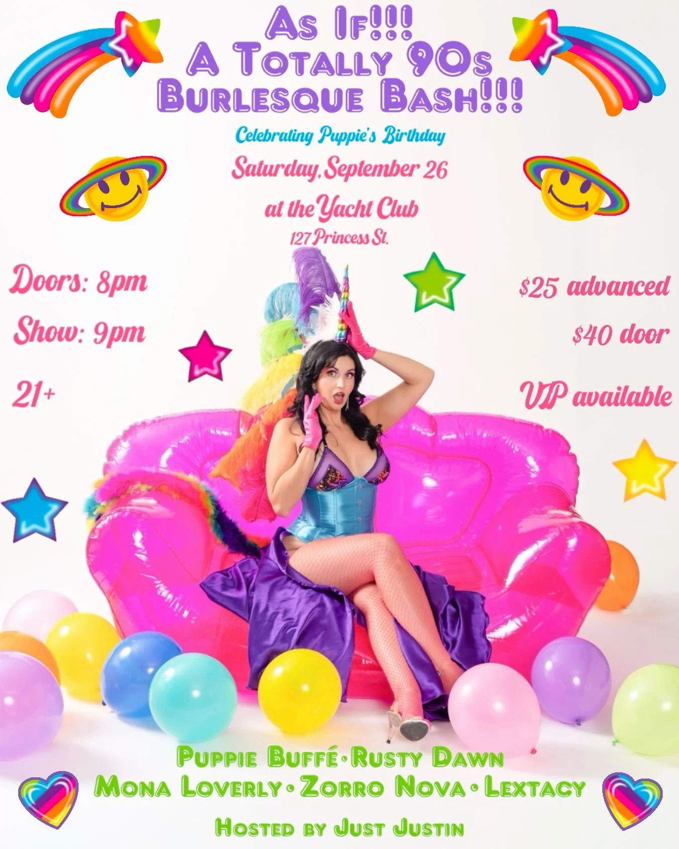 💿 ✨ OH SNAP! ✨💿

Puppie is turning 40, and it&rsquo;s time to celebrate the only way she knows how: with a totally rad 90s-themed burlesque extravaganza! 👽

Featuring off-the-hook performances by:

💥 Rusty Dawn
💥 Zorro Nova
💥 Mona Loverly
💥 Pu