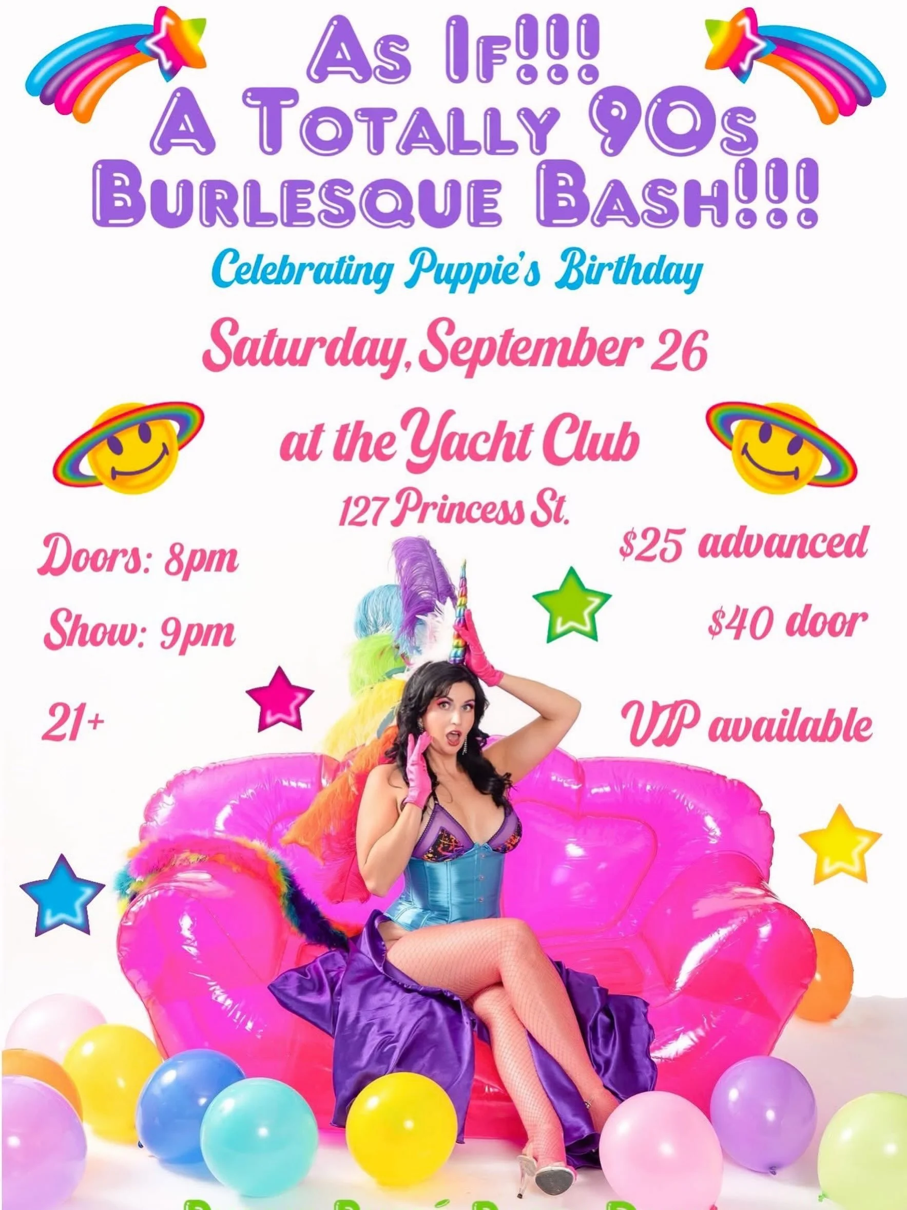 TONIGHT

💿 ✨ OH SNAP! ✨💿

Puppie is turning 40, and it&rsquo;s time to celebrate the only way she knows how: with a totally rad 90s-themed burlesque extravaganza! 👽

Featuring off-the-hook performances by:

💥 Rusty Dawn
💥 Zorro Nova
💥 Mona Love
