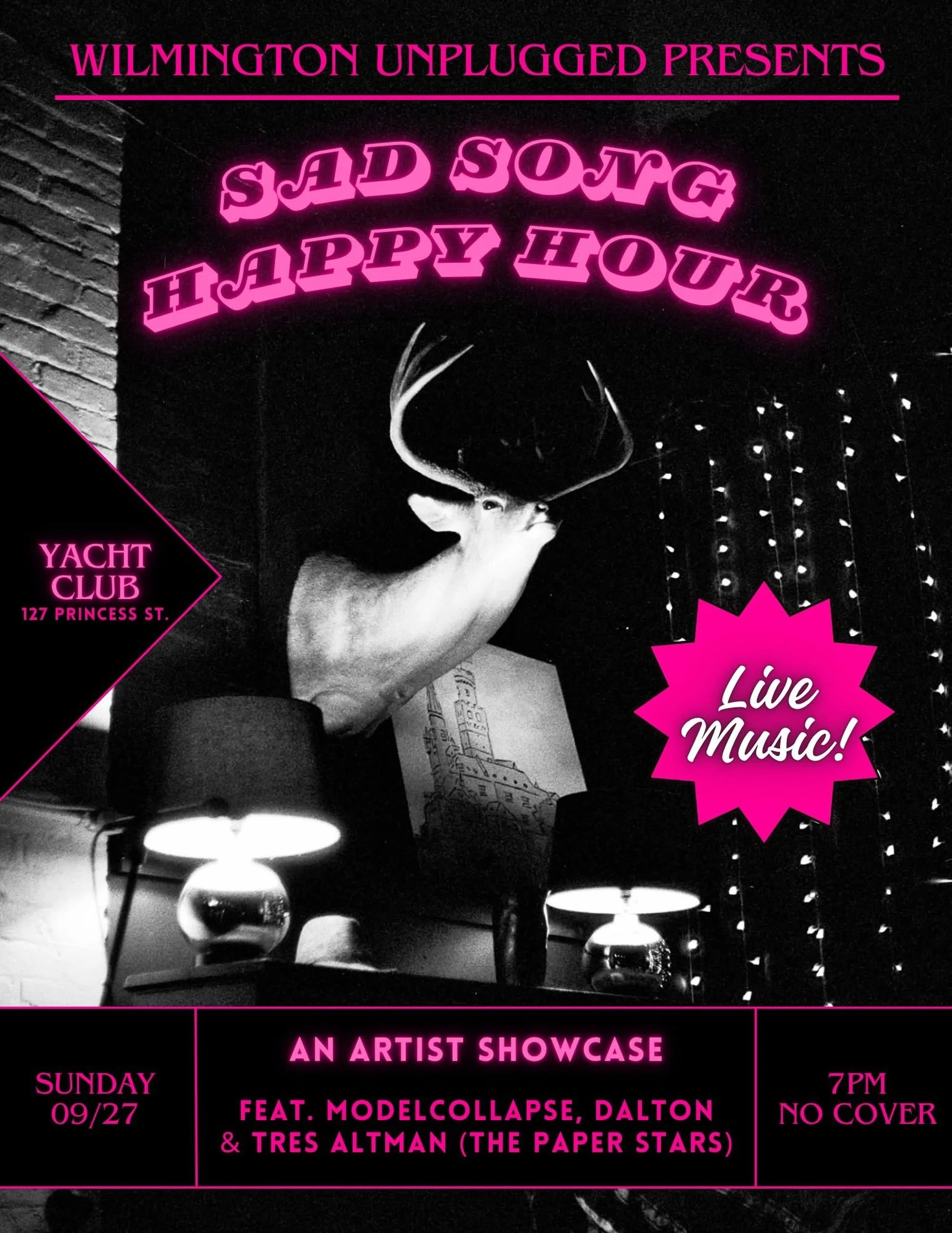 TONIGHT

Wilmington Unplugged Presents: Sad Song Happy Hour

6pm Doors. 7pm Show. There is no cover to attend, but tipping is encouraged!

SSHH is a night for musicians &amp; songwriters to get together in a welcoming, intimate environment where they