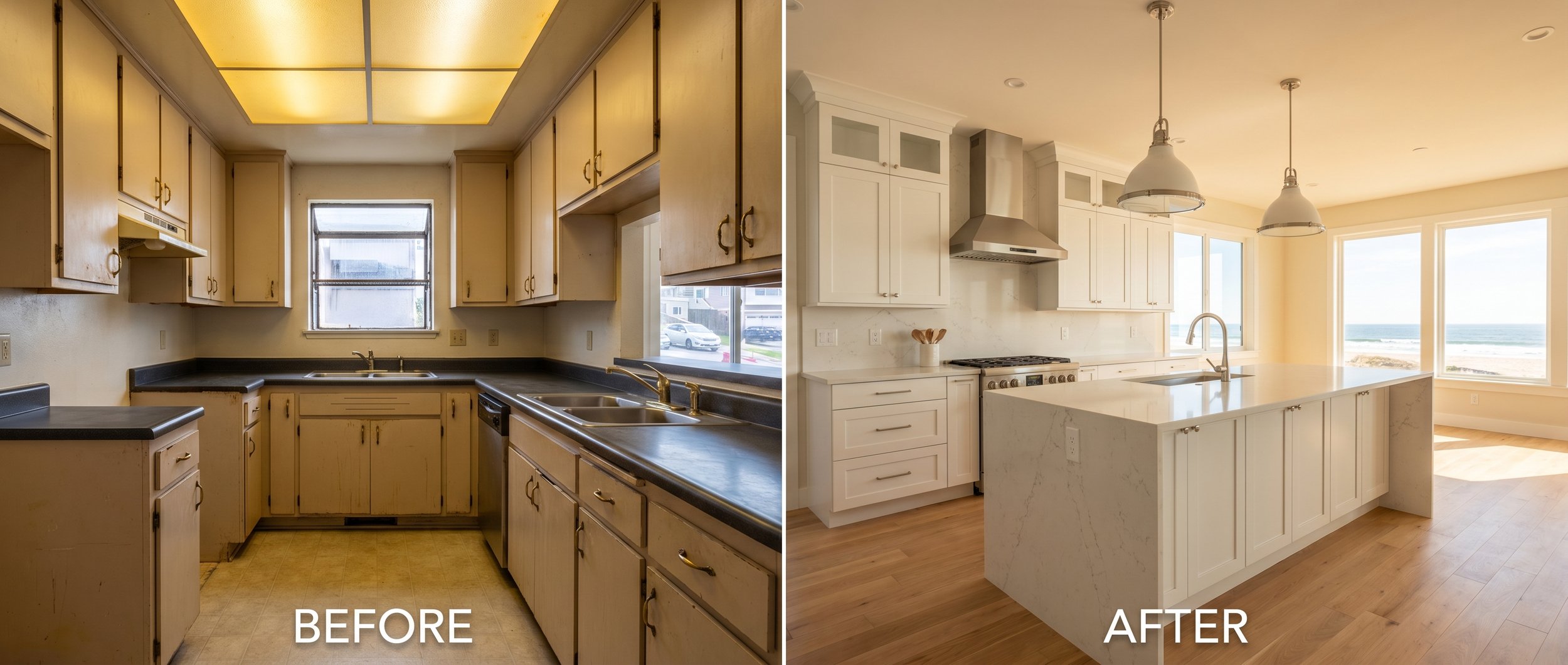 a before and after image showing a kitchen that got remodeled into a beautiful kitchen