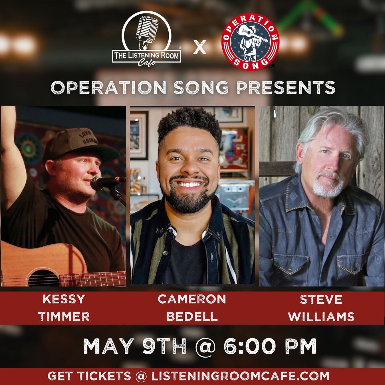 Join us for another unforgettable night at @listeningroomcafe as three of of Nashville&rsquo;s best songwriters hit the stage to share songs that have been written with Veterans in our program as well as some of country music&rsquo;s biggest hits! Ge