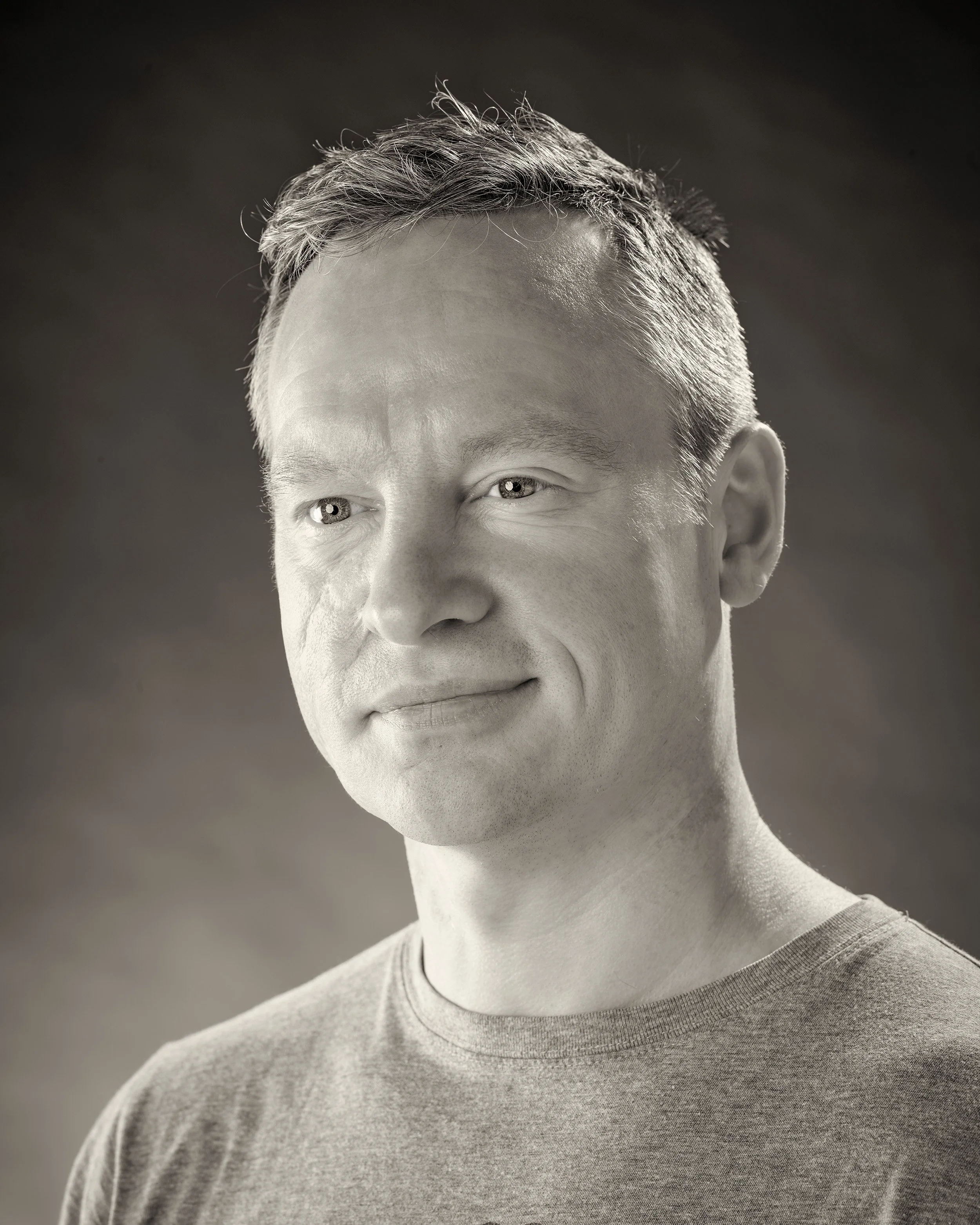 Black and white photograph of James Brown, Technical Manager of White Crow Studios
