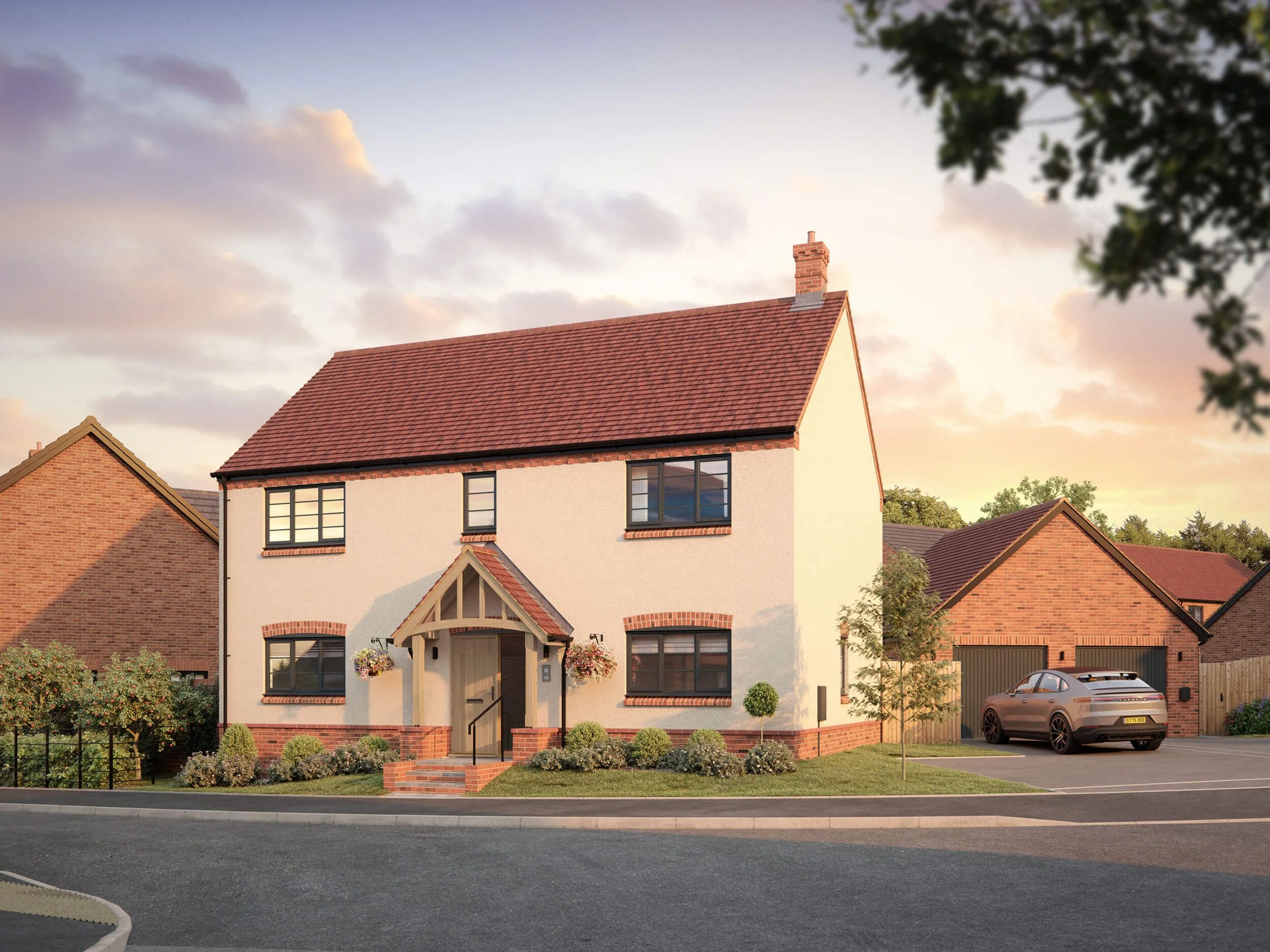 Photorealistic exterior property CGI of a detached four-bedroom family home with landscaped gardens and detached double garage for off-plan property marketing.