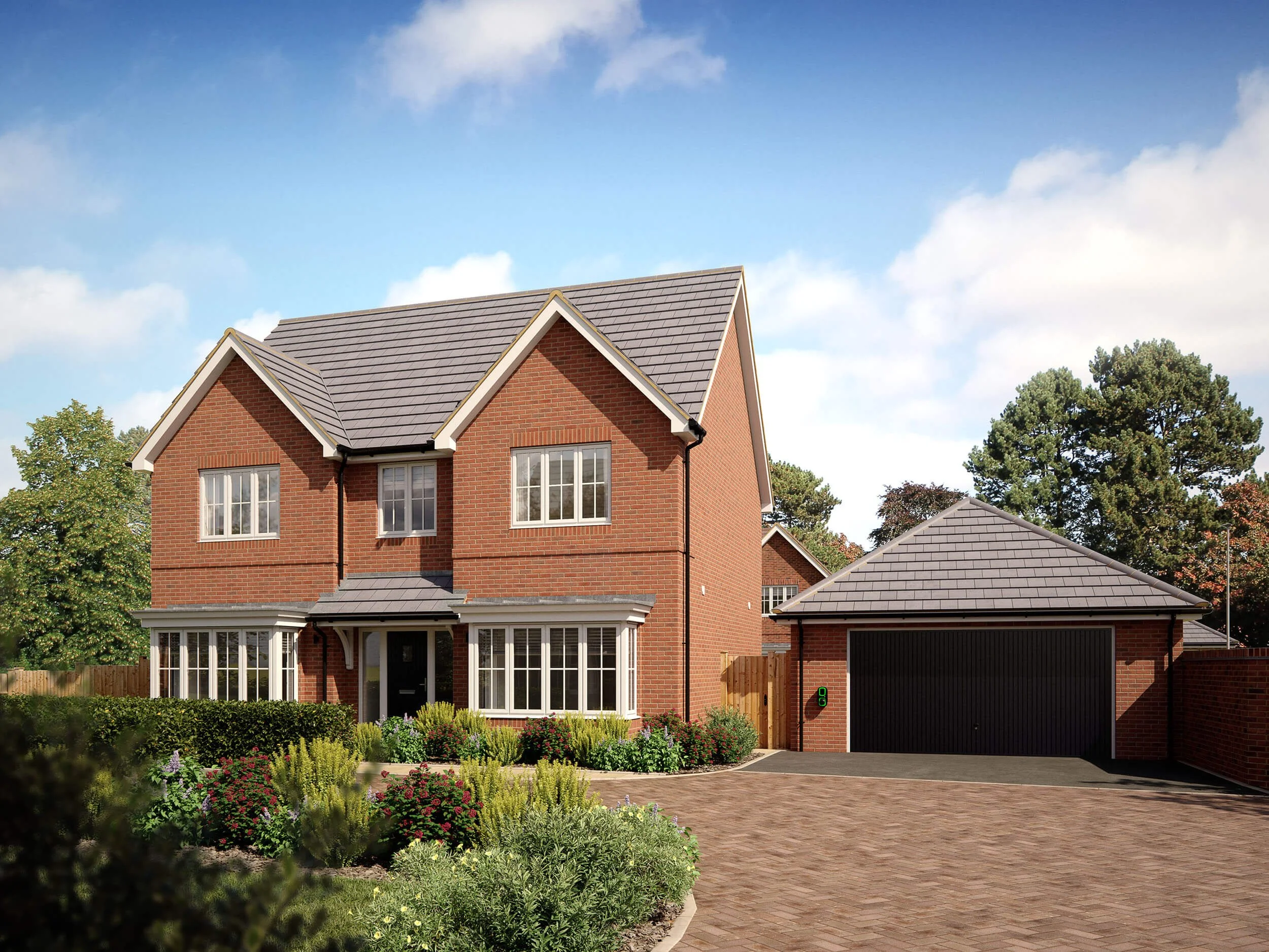 Architectural exterior CGI of a contemporary family home with landscaped gardens and driveway
