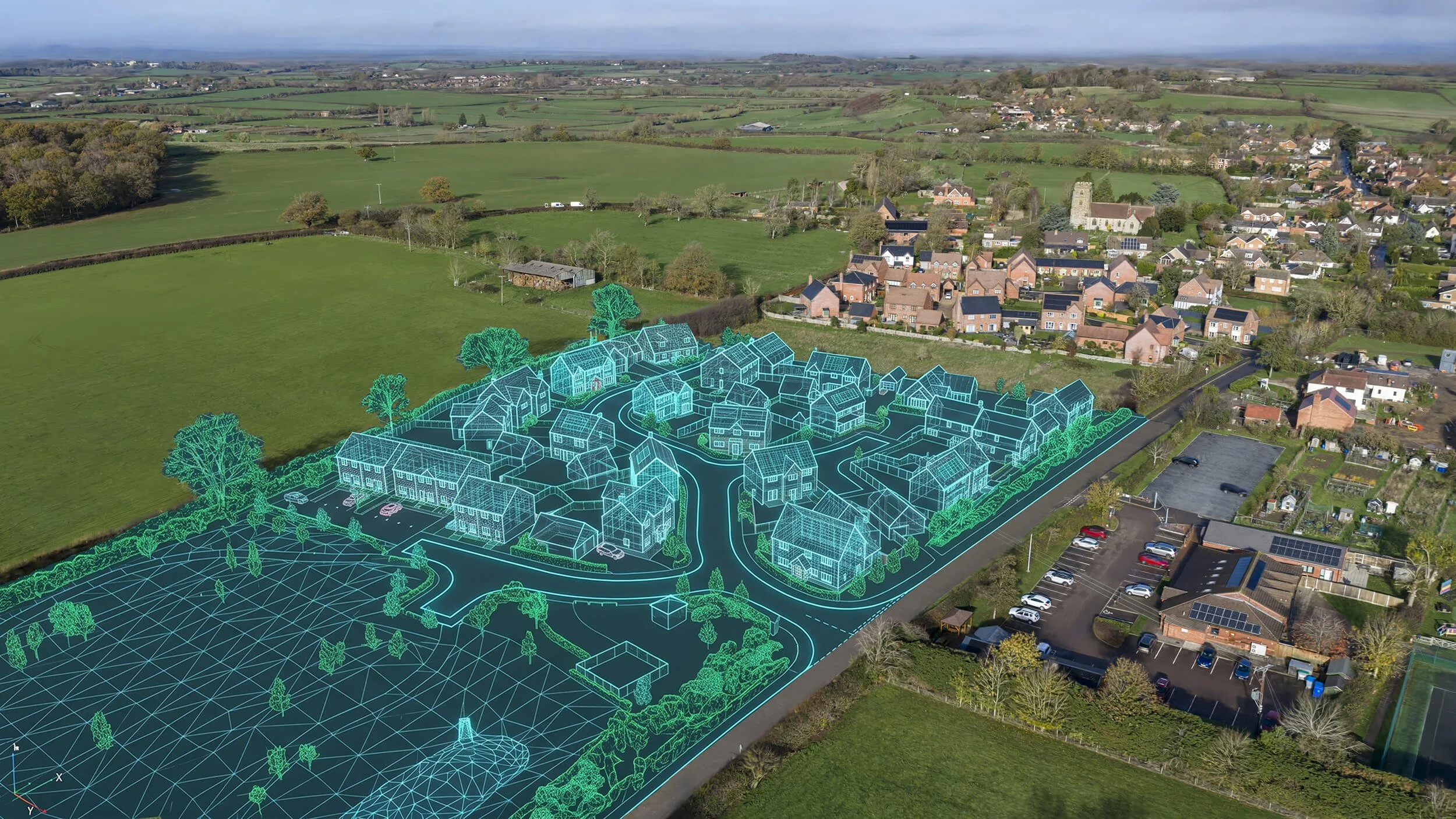 Aerial drone image with 3D wireframe property visualisation showing a proposed housing development for planning and marketing.