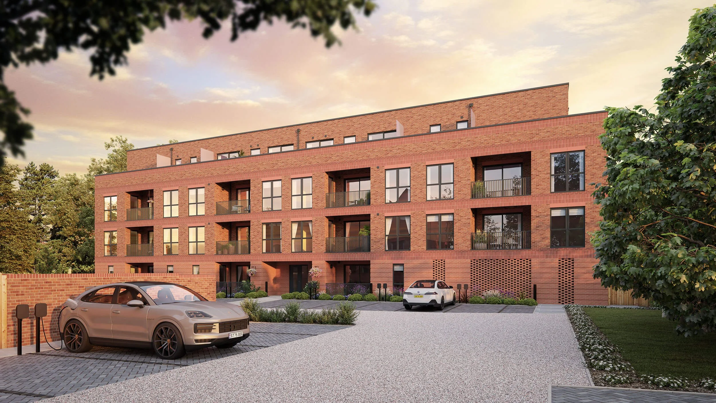 Architectural CGI visualisation of an executive new build apartment block with landscaped gardens and parking for off-plan property marketing