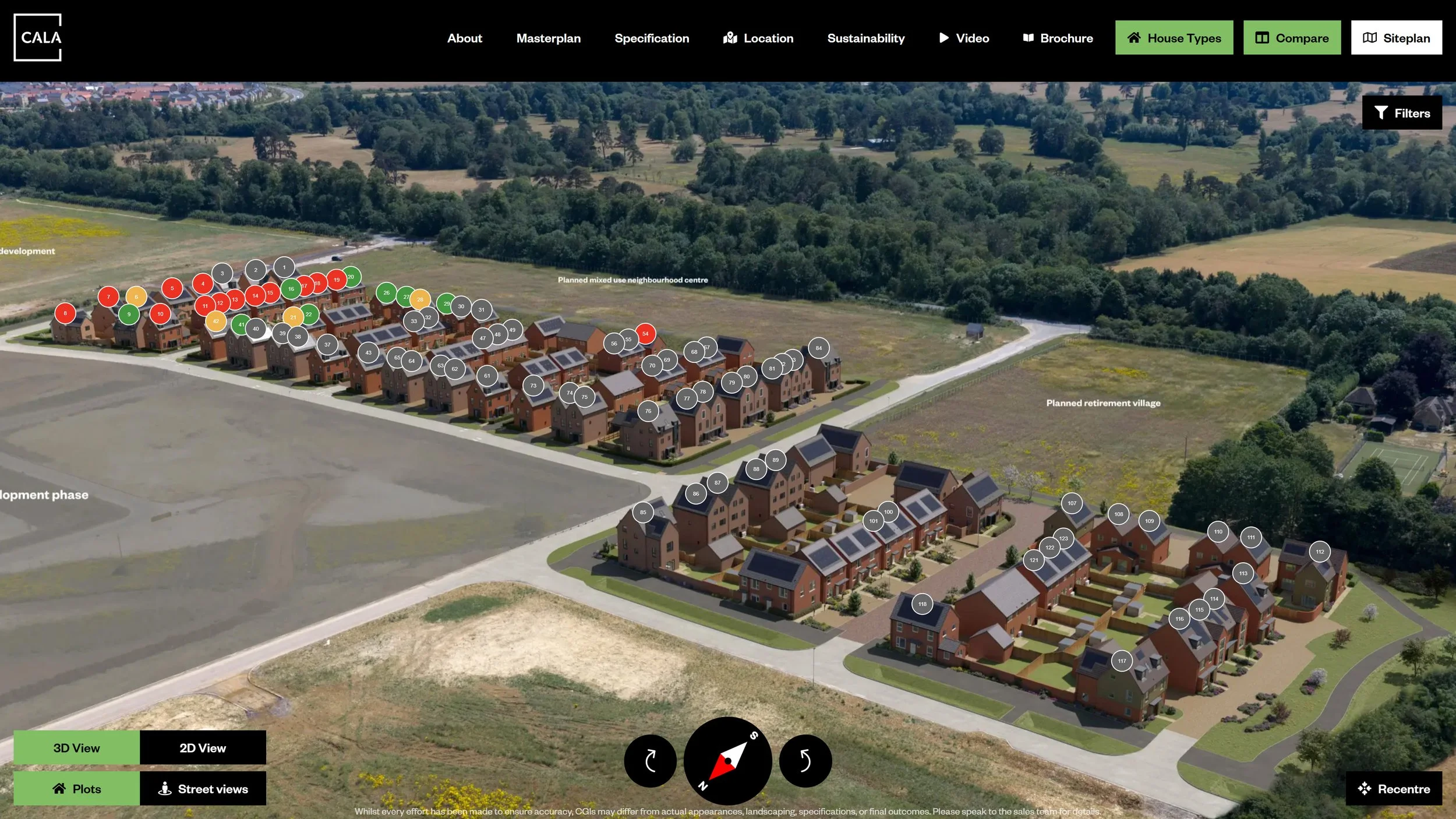 Photorealistic residential development interactive 3D site plan showing multiple new build homes for off-plan property marketing