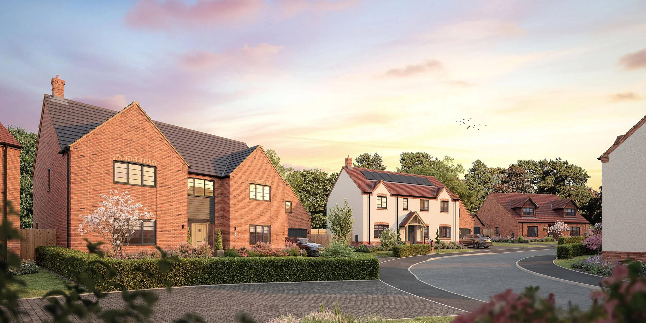 Exterior CGI street scene showing a residential housing development with landscaping, roads and new build homes