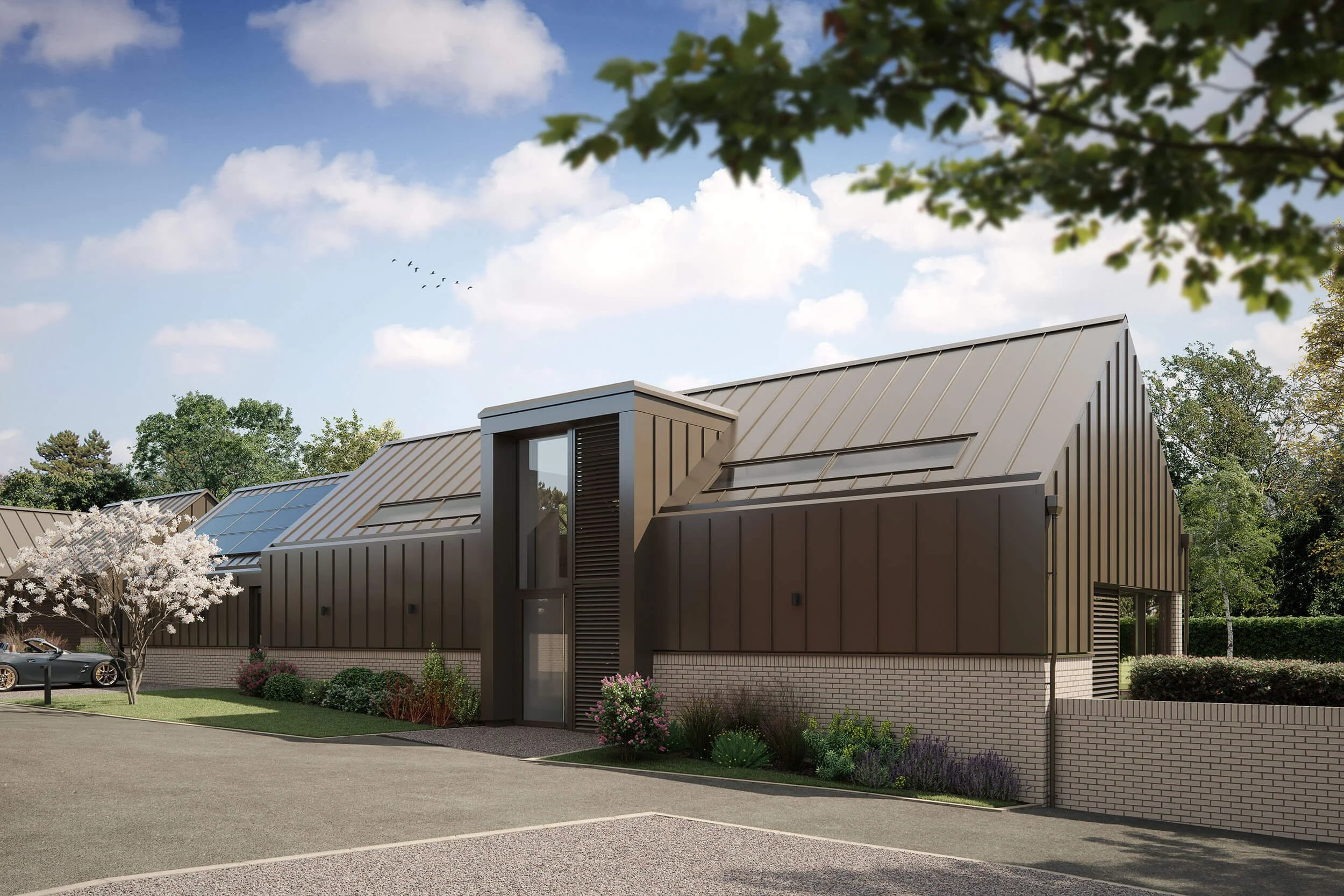 Luxury barn style new build property CGI with realistic landscaping and architectural detailing