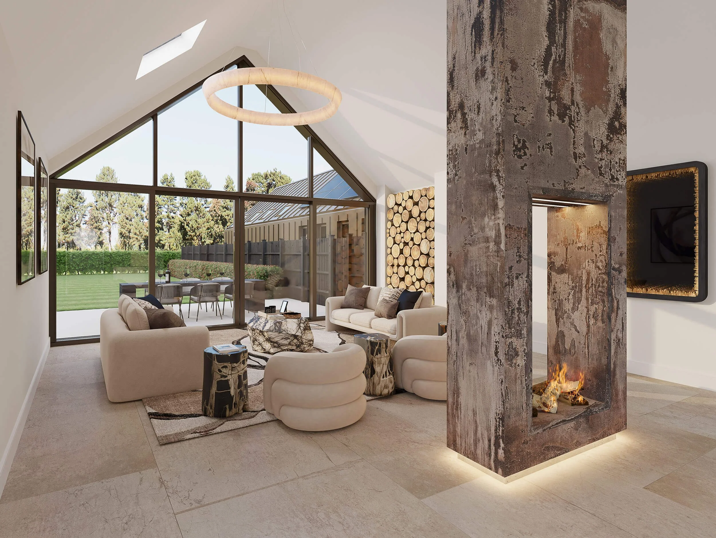A photorealistic interior property CGI of an open plan living space with bespoke fireplace and full height glass doors leading to a private patio