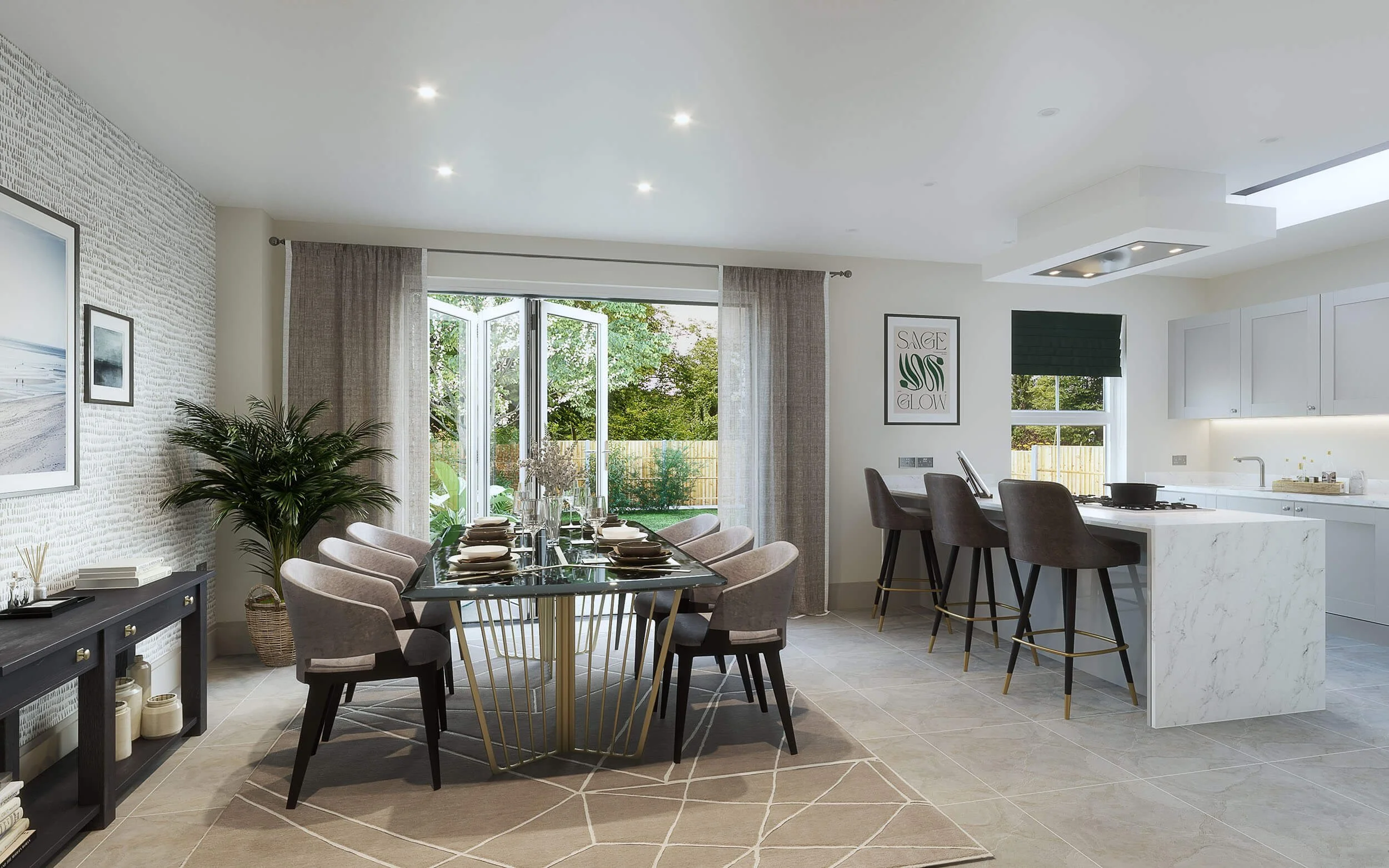 Photorealistic interior CGI of a modern open-plan kitchen and dining room with island, bi-fold doors, and contemporary styling for new-build property marketing.