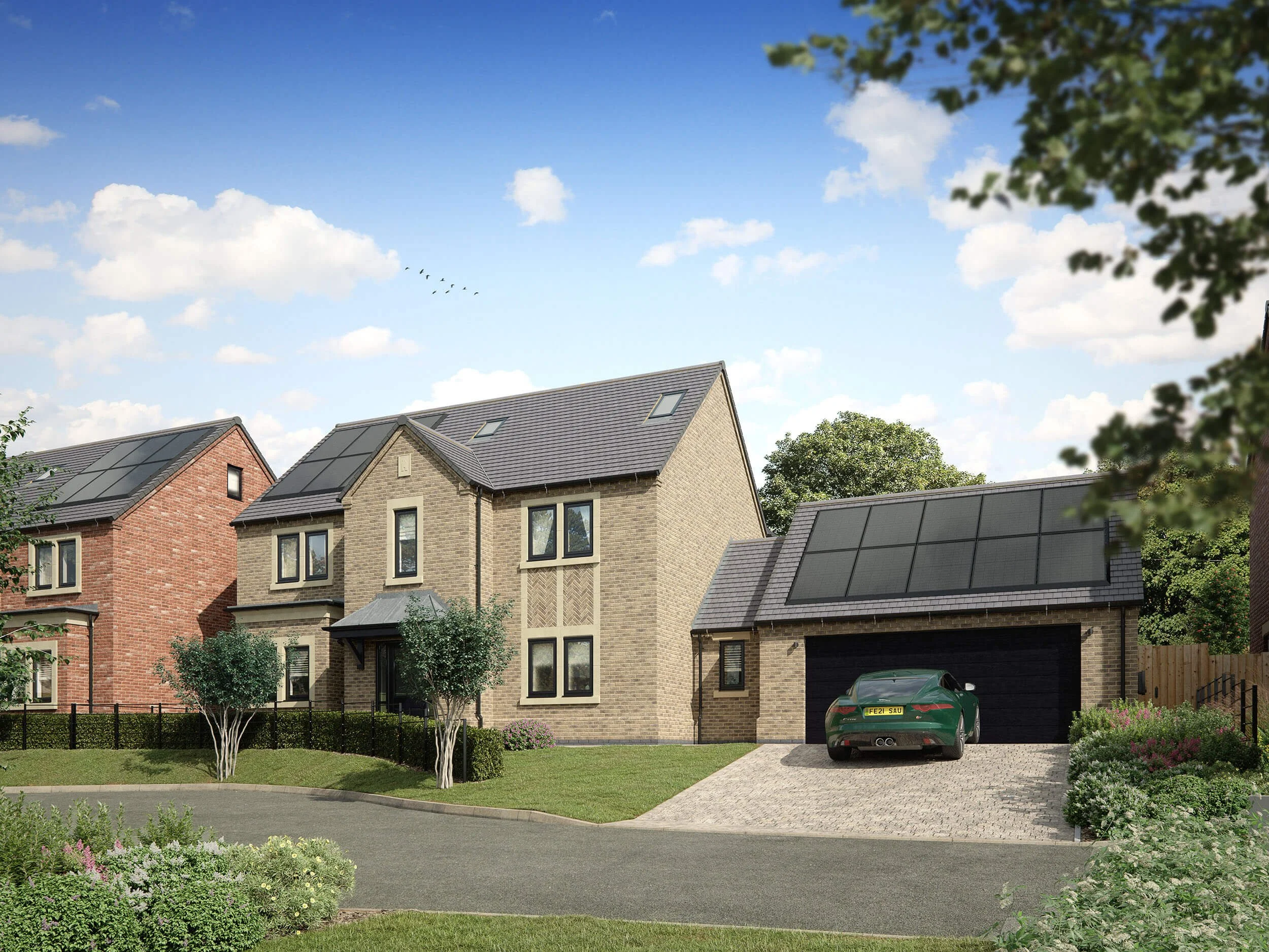 Photorealistic exterior property CGI of a detached new build home with double garage, created for off-plan residential property sales