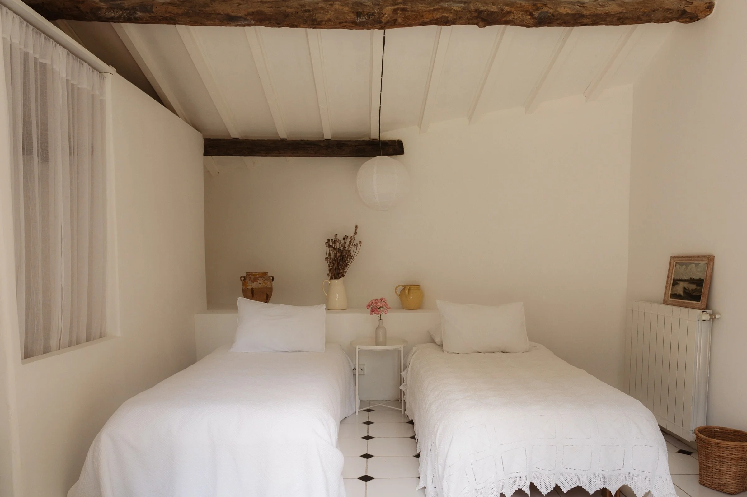 Vine house . Garden room. A beautiful room as a twin or double with views from bed through double doors straight onto the gardens and trees beyond. It&rsquo;s a white oasis of calm and quiet loved by all guests. All you can hear are the crickets and 
