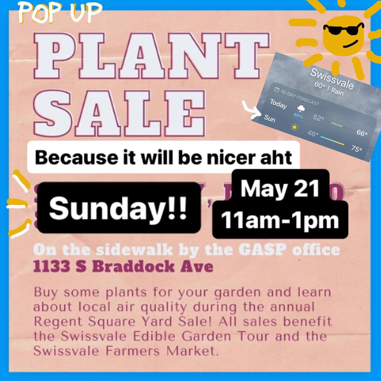 Thanks to everyone who bought plants and got rained on! Sunday looks way nicer so we&rsquo;ll be back on the same corner, this time from about 11am-1pm, with tons of great plants.