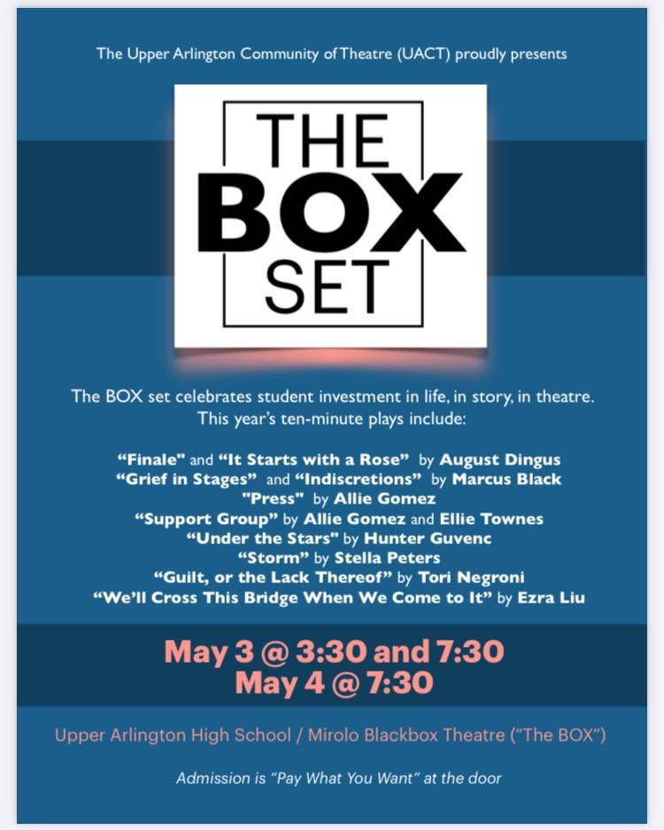A collection of 10 min long original works written and produced by members of the high school theatre company? Yes, please! Hope to see you there!
(It will be two 50-minute halves with a 10 min intermission.)