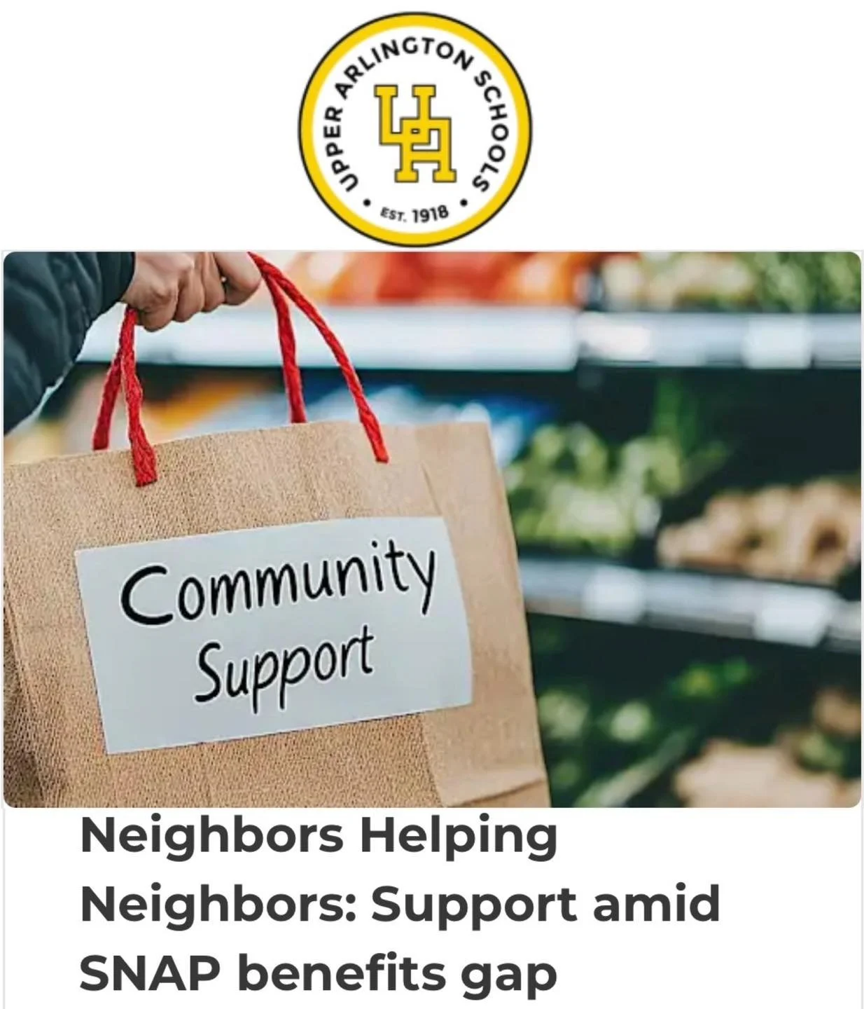 Re: SNAP for UA Residents

Give what you can. Receive what you need. Please and thank you. 🙏🏽 

https://www.uaschools.org/our-district/district-news/district-news/~board/upper-arlington-schools-news-1/post/neighbors-helping-neighbors-support-amid-s