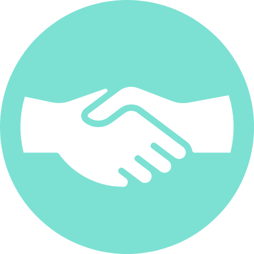 Icon of two hands shaking against a light blue circular background, symbolizing agreement or partnership.